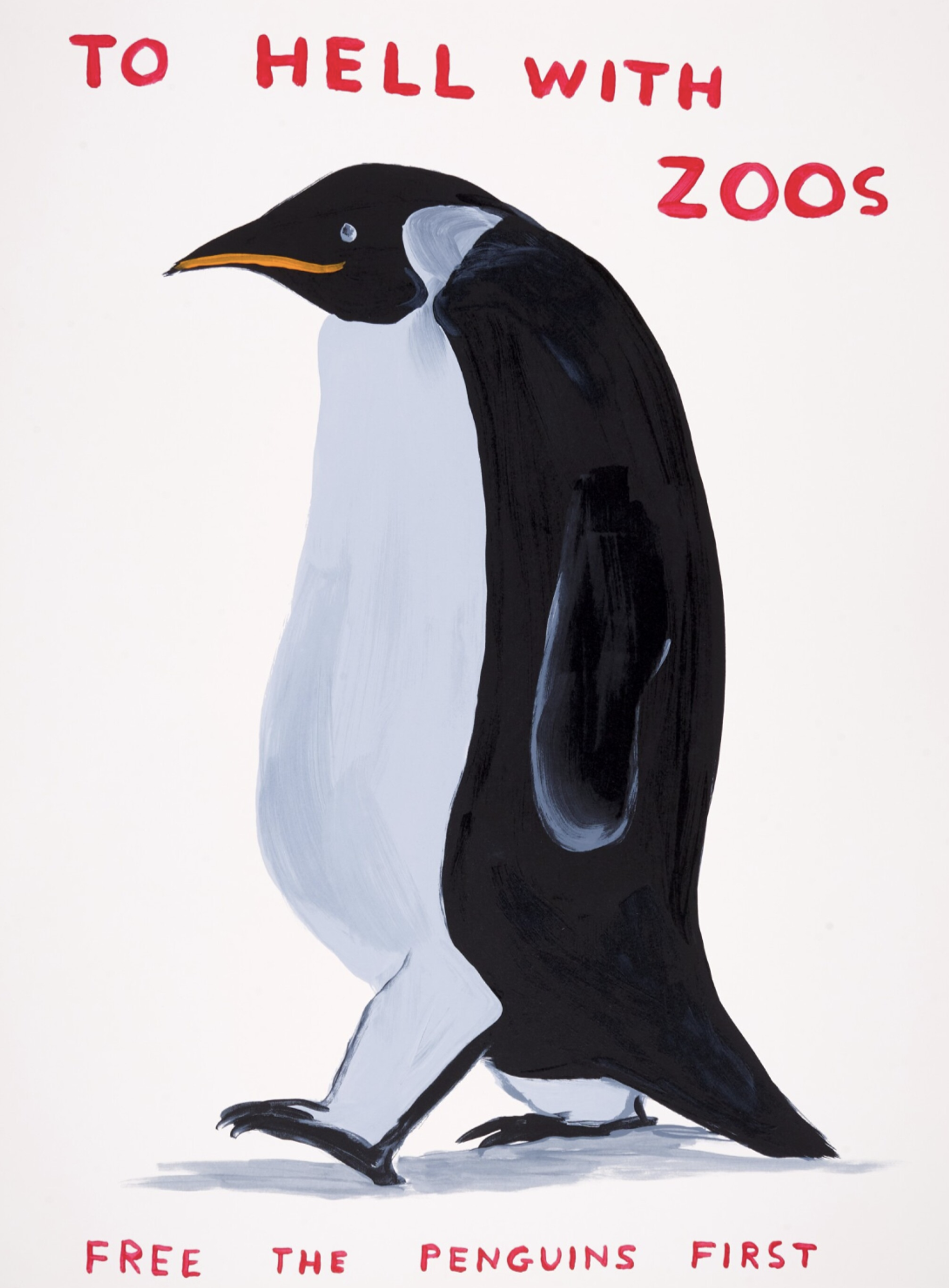 Image of a black and white penguin with “to hell with zoos... free the penguins first” written in red