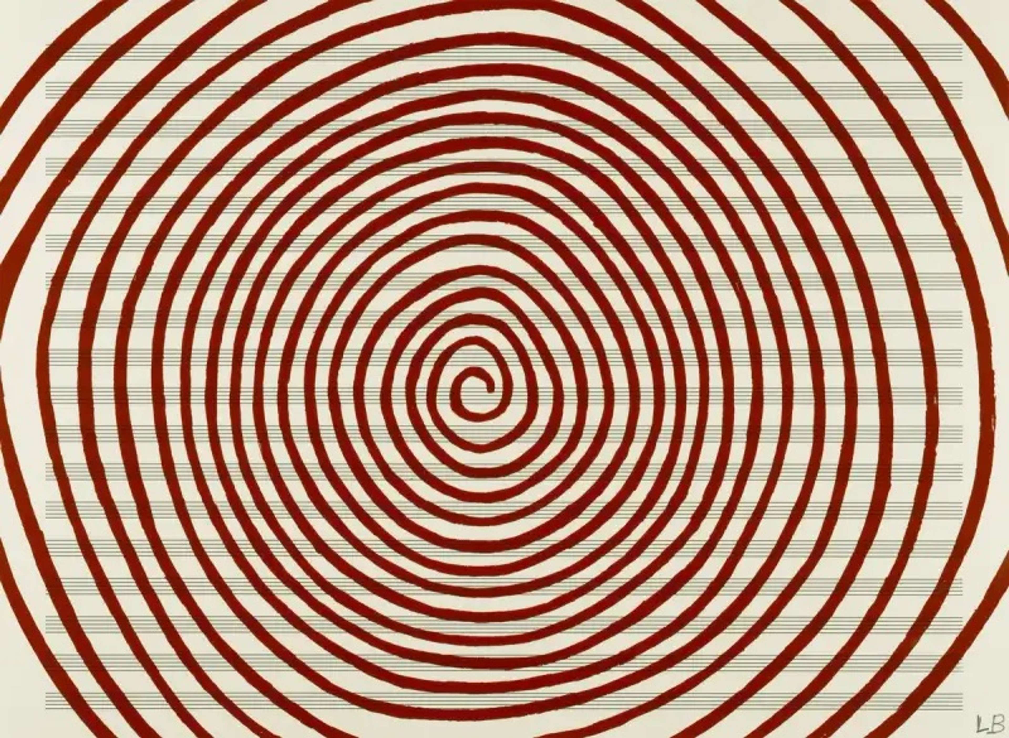 Louise Bourgeois’ Untitled #11. A screenprint of a continuous red spiral against a sheet of horizontal lines.Louise Bourgeois’ Untitled #11. A screenprint of a continuous red spiral against a sheet of horizontal lines.