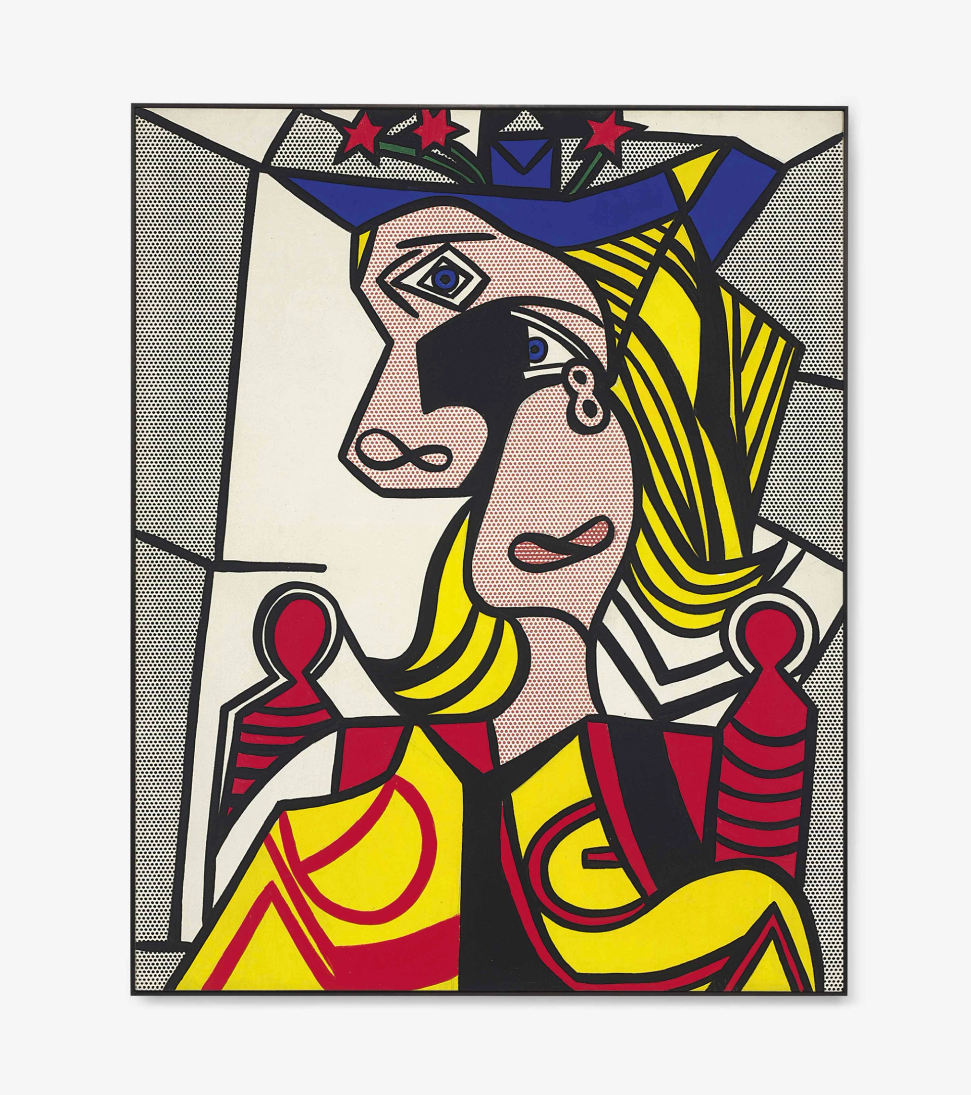 In this painting, the primary hues of his faux-print technique meets the distorted features of a Picasso portrait, creating an artful and meticulous collision between two trademark styles.