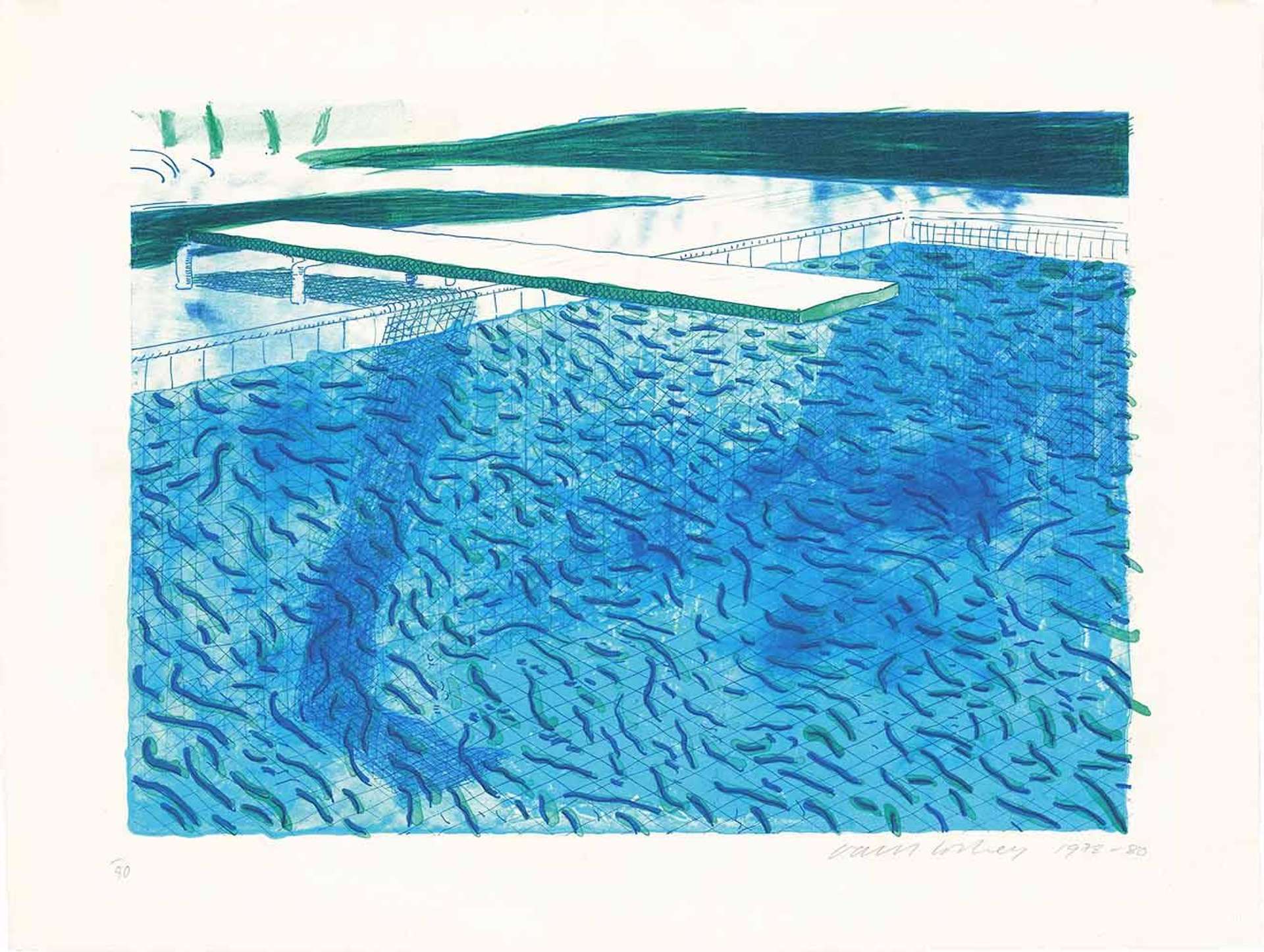 A lithograph by David Hockney depicting a blue swimming pool, with darker lines to delineate waves in the water. From the left side of the composition, a white diving board extends over the pool through the centre of the composition.