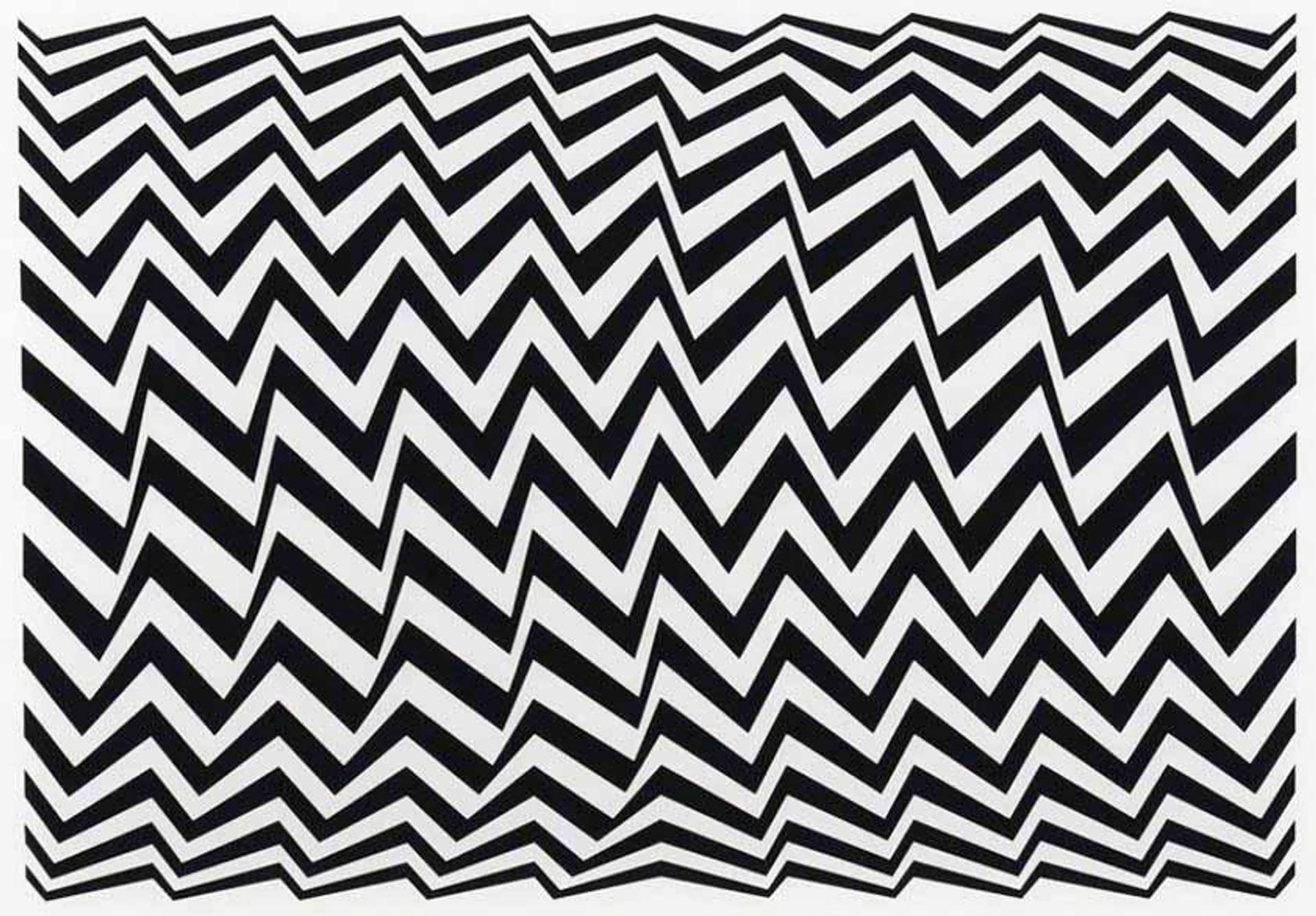Creating a dizzying effect on the viewer, the patterns appear to oscillate and vibrate on the two-dimensional surface. In Fragment 3, a chevron form is repeated, with the angles of each chevron warped at different angles. As the pattern seems to move across the page, the viewer is disorientated: typical of Riley’s monochromatic, illusionistic works.