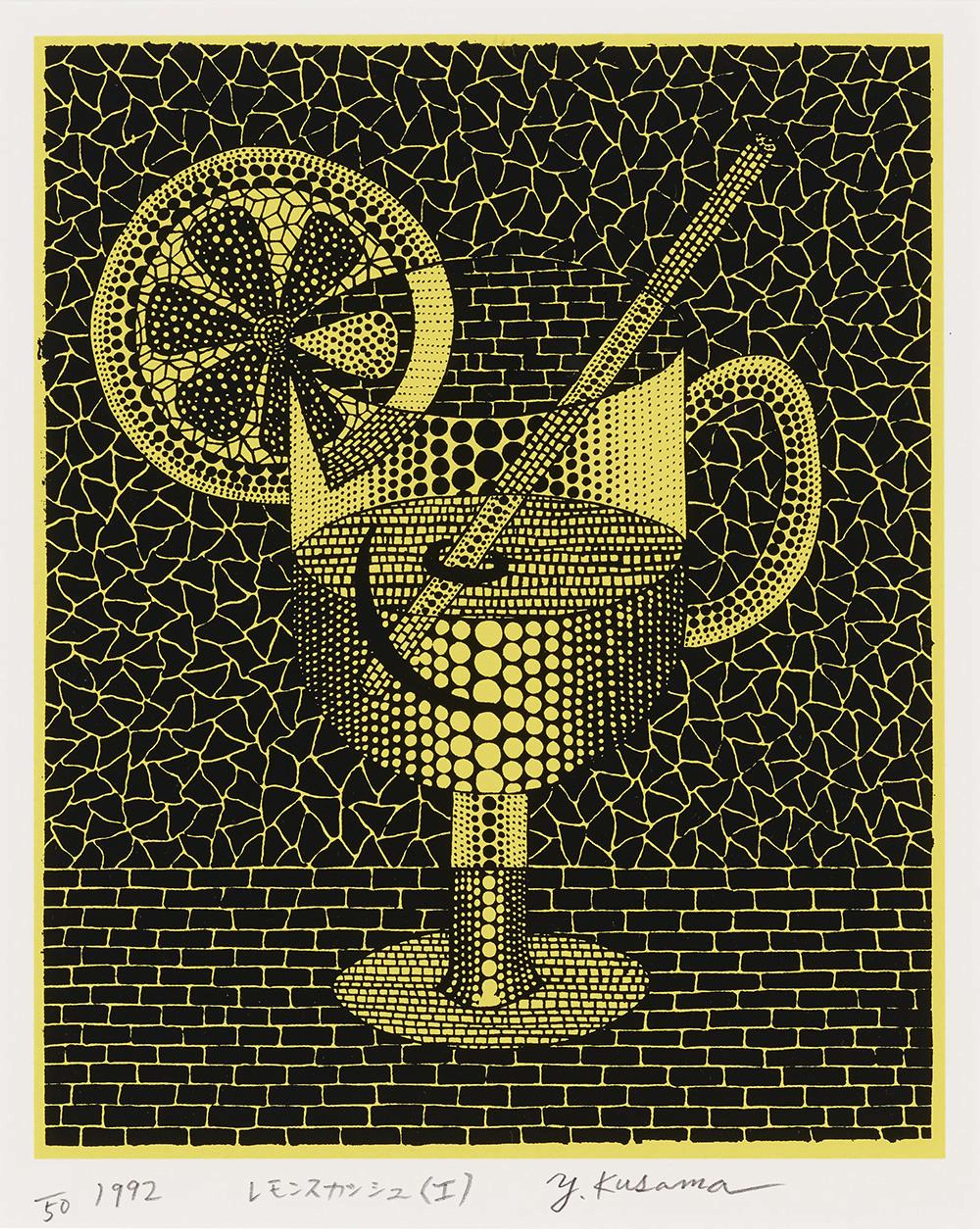 A black and yellow print with different patterns including lines and dots, with a glass of lemonade and a wedge of lemon at the centre of the composition