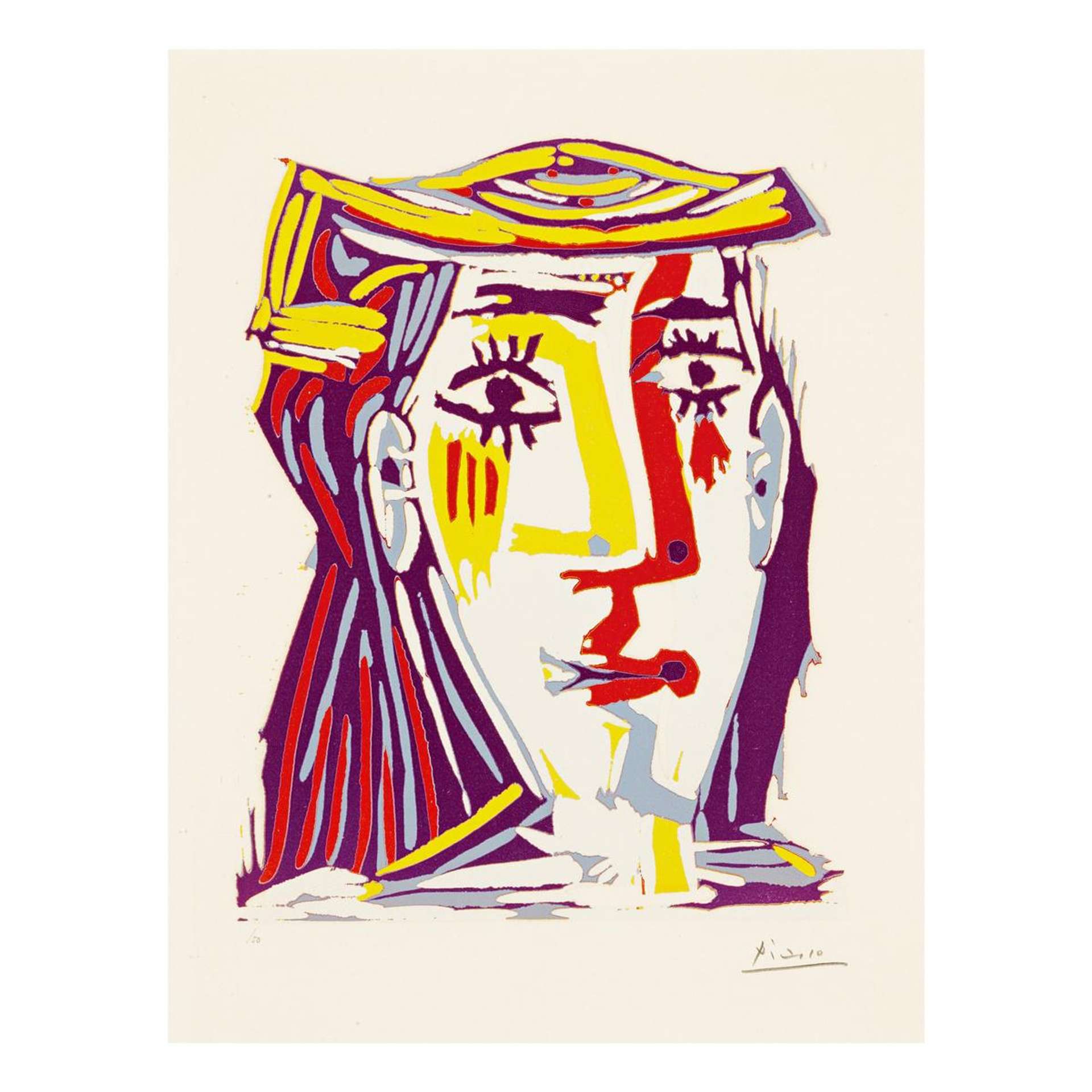 This print shows the face of Picasso's muse, depicted in bright colours and abstracted forms.