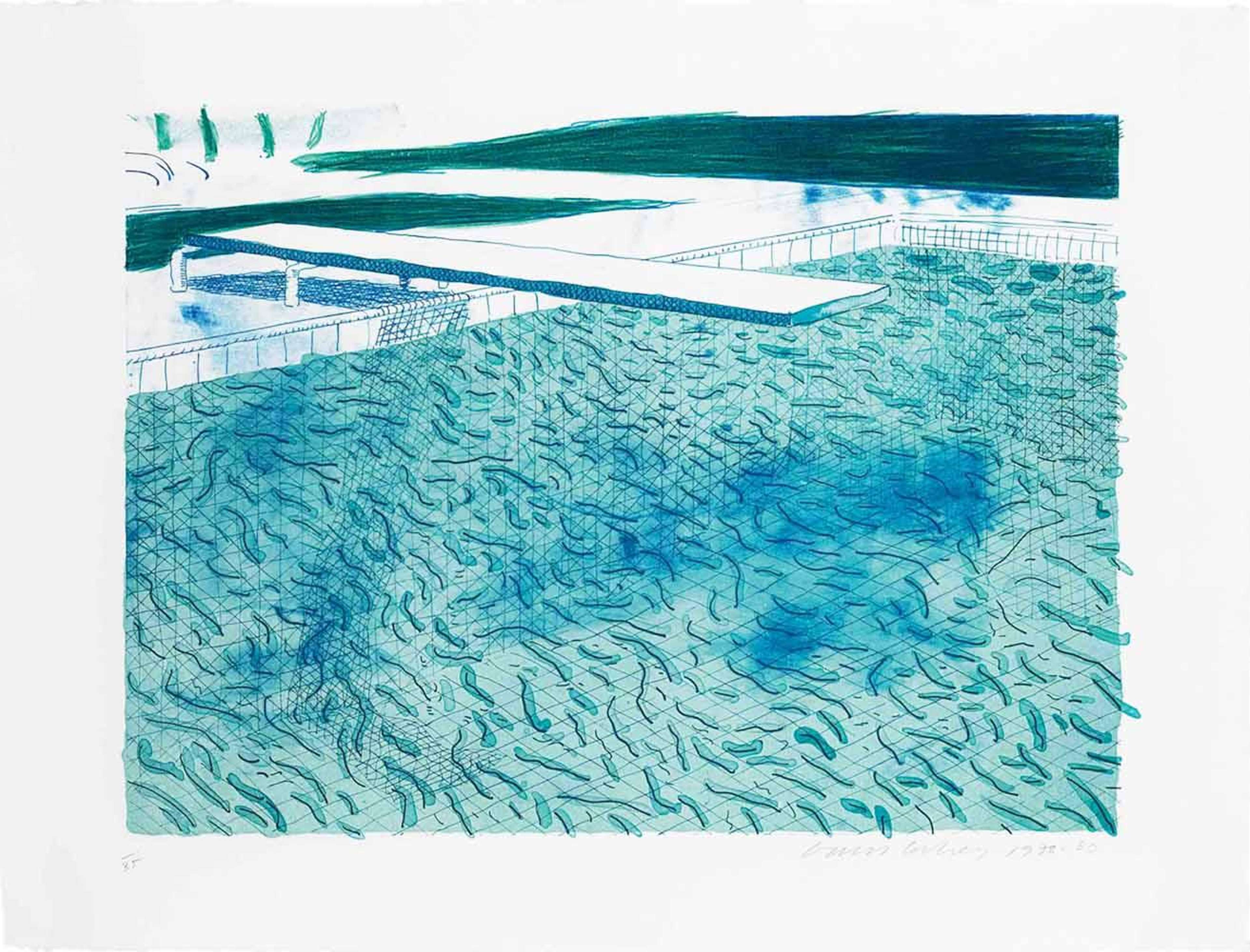 Lithograph Of Water Made Of Lines With Two Light Blue Washes - Signed Print by David Hockney 1980 - MyArtBroker