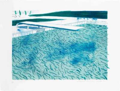 Lithograph Of Water Made Of Lines With Two Light Blue Washes - Signed Print by David Hockney 1980 - MyArtBroker