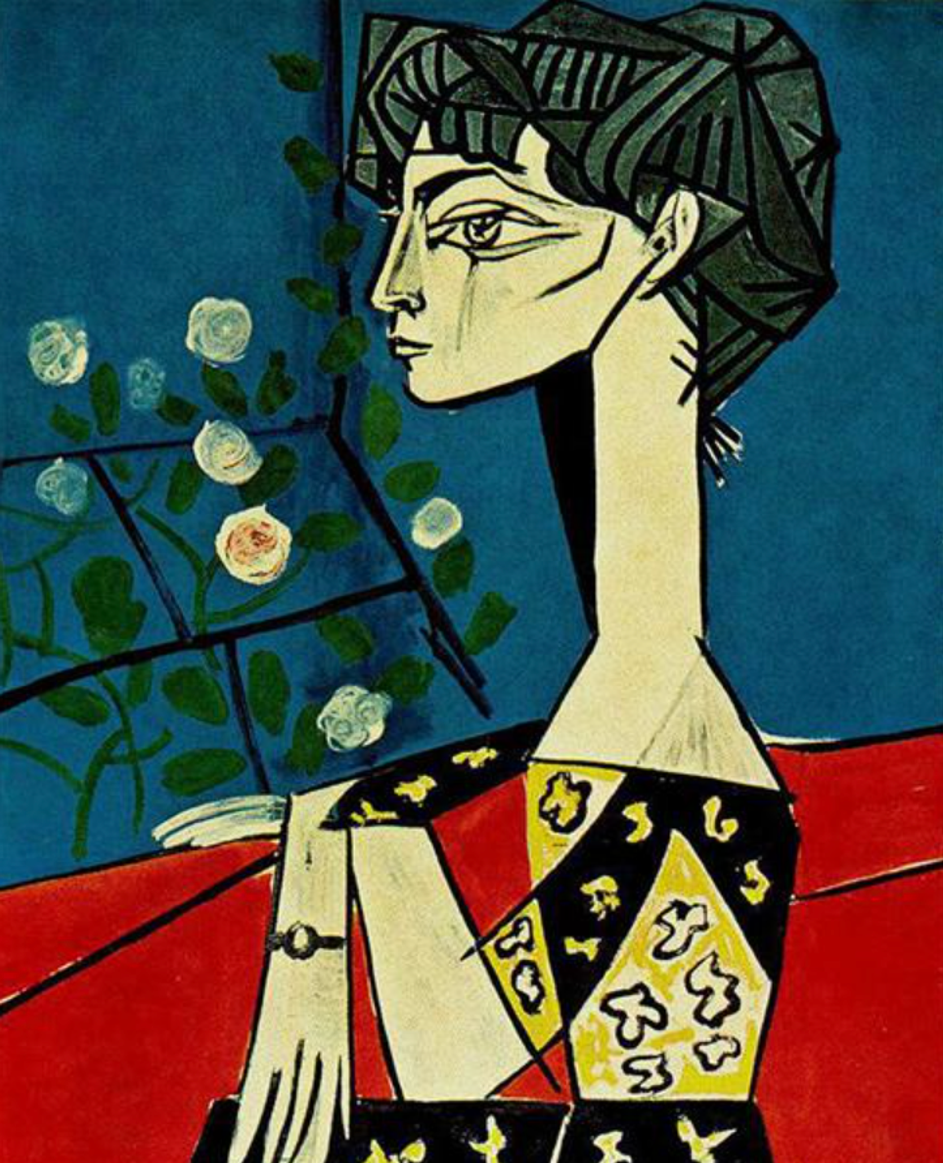 Painted portrait by Pablo Picasso of his wife, Jaqueline Roque. The painting showcases a geometric deconstruction of Jacqueline's figure, alongside a bouquet of delicate roses, using bold lines and rich, contrasting colours to evoke a sense of vibrancy and movement.