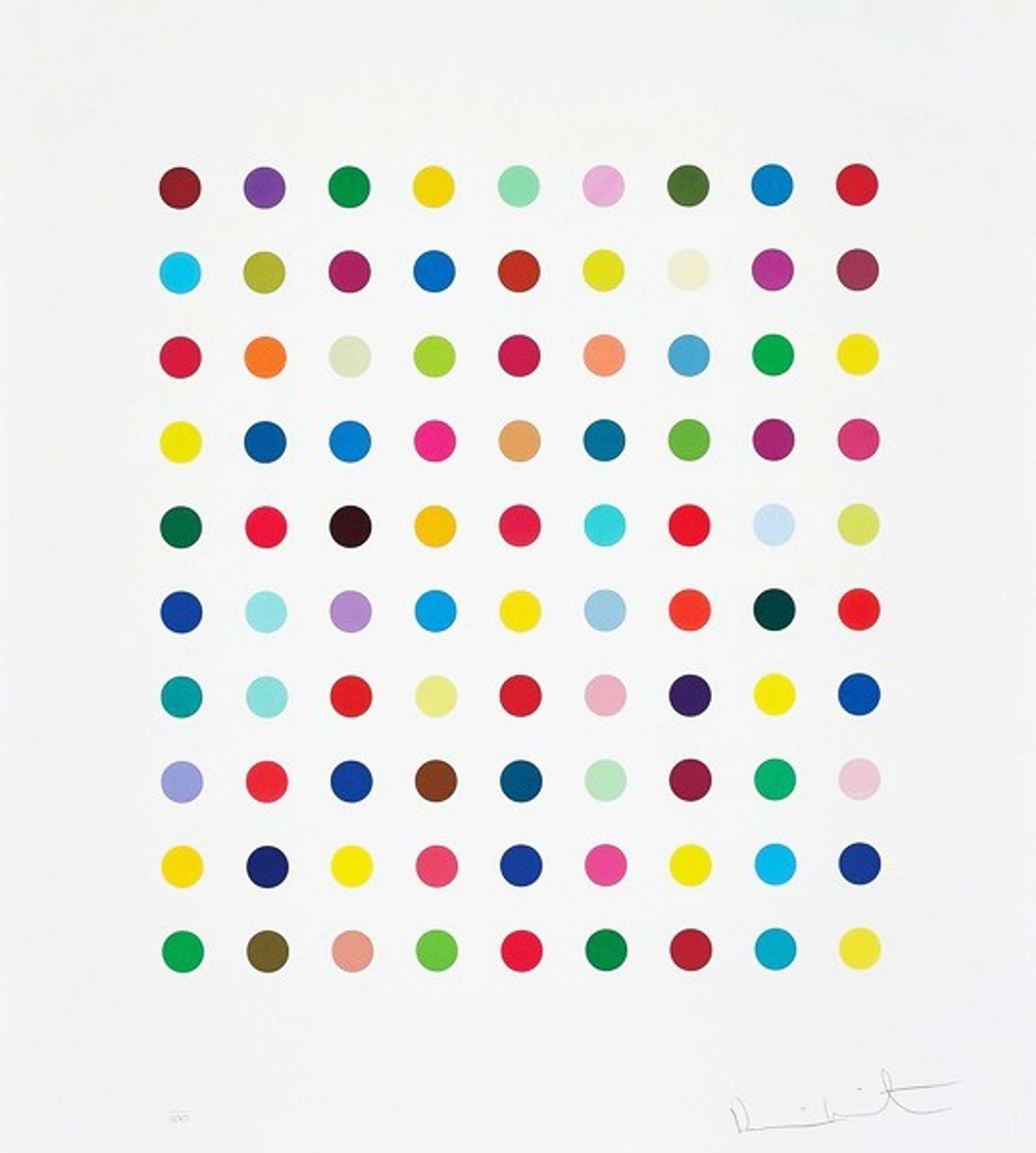 Damien Hirst’s Lanatoside B. A Collection of multicoloured spots in a pattern that make a square
