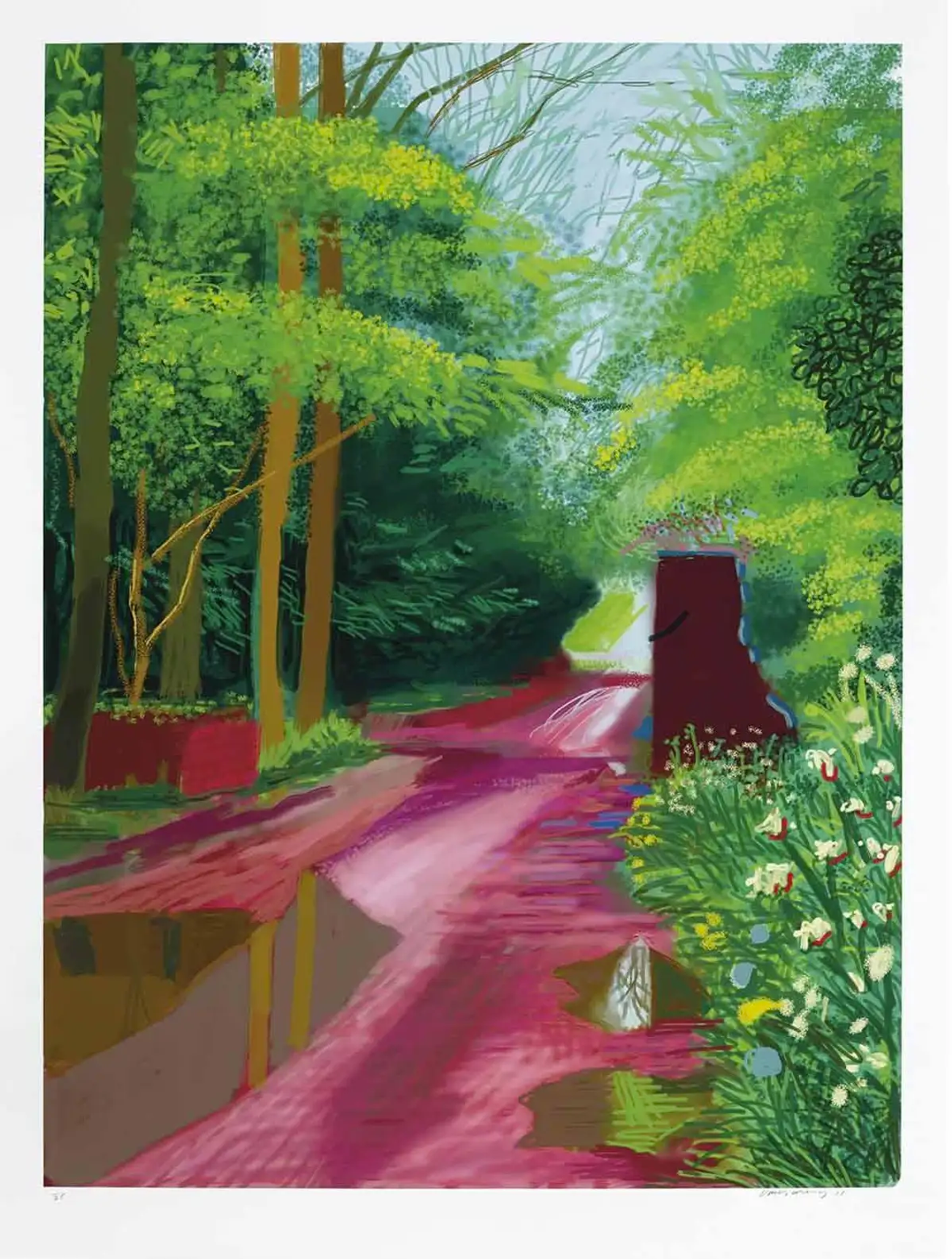 David Hockney’s The Arrival Of Spring In Woldgate East Yorkshire 11th May 2011. A digital print of an outdoor landscape with tall trees, flowers and ground that is multiple shades of pink.