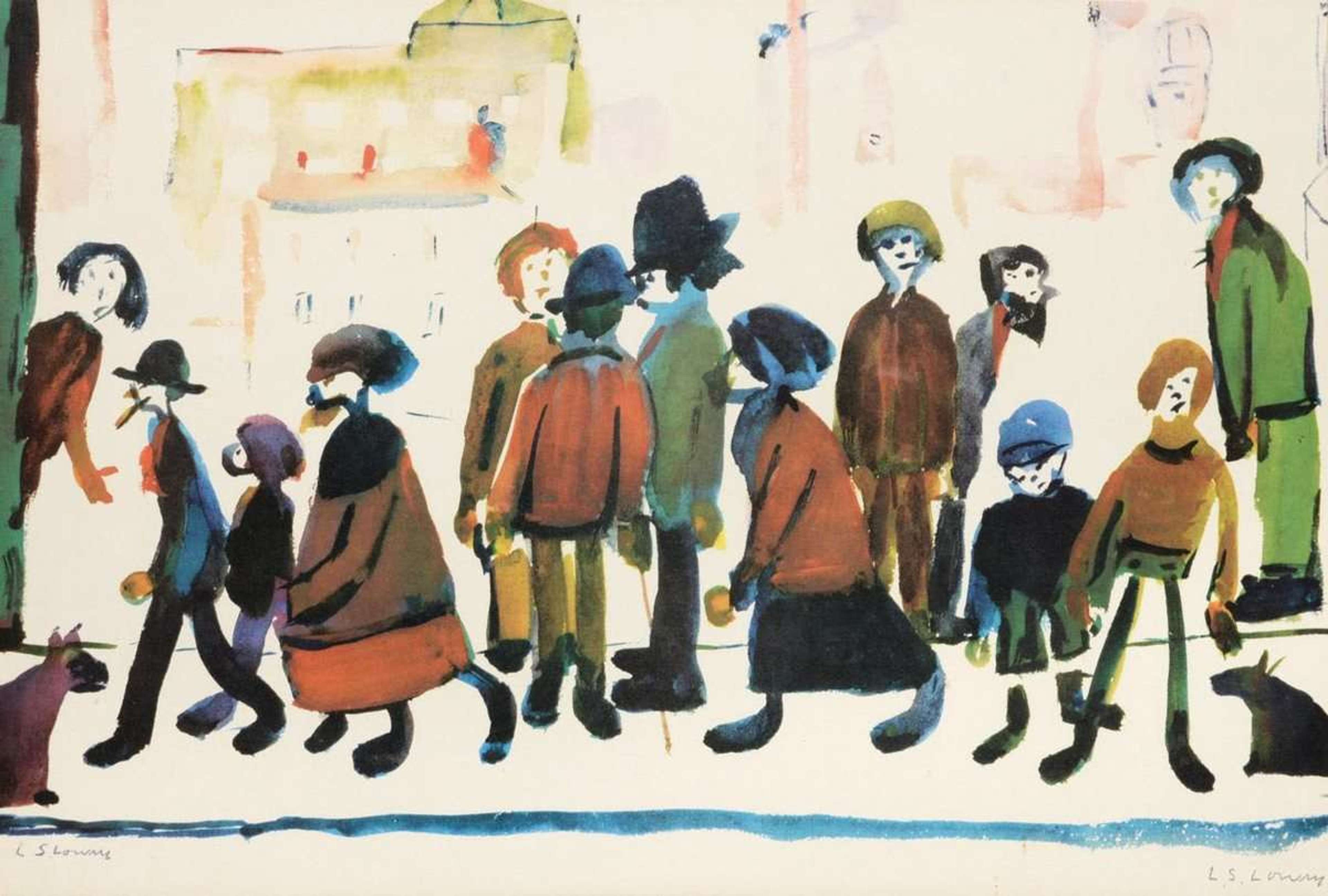 A group of colourful, slender figures facing toward and away from the viewer. The background is largely undefined.