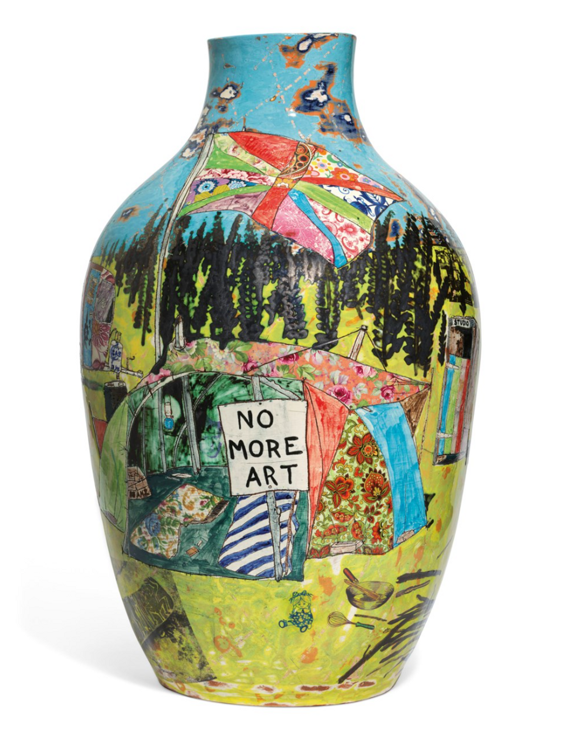 Ceramic vase by Grayson Perry, depicting tents pitched in in a protest area in front of a forest. There is a colourful union jack flag and a sign which reads 'no more art'.