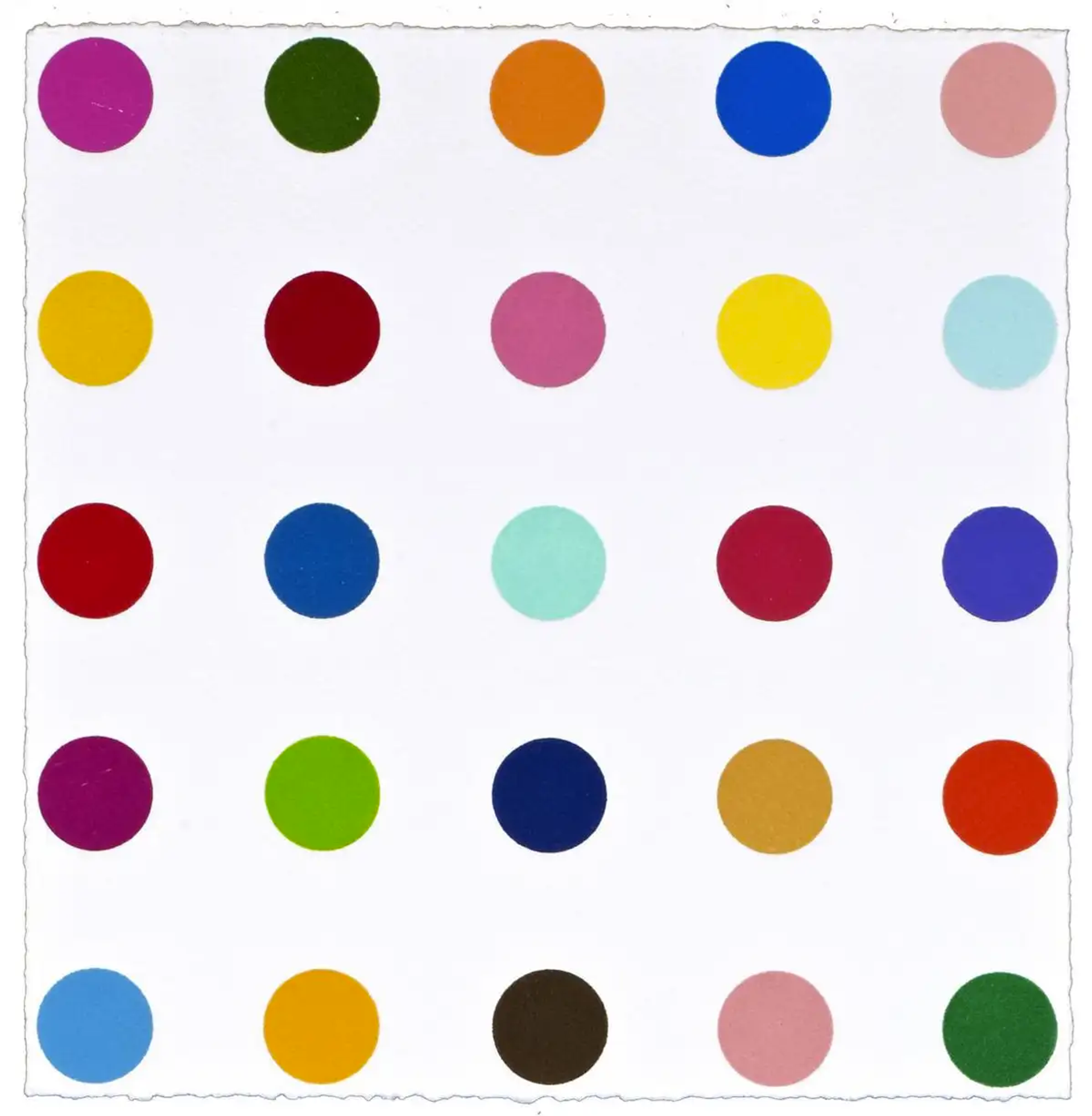 The square print shows five rows of spots that are identical in size and shape, each depicting a unique colour.