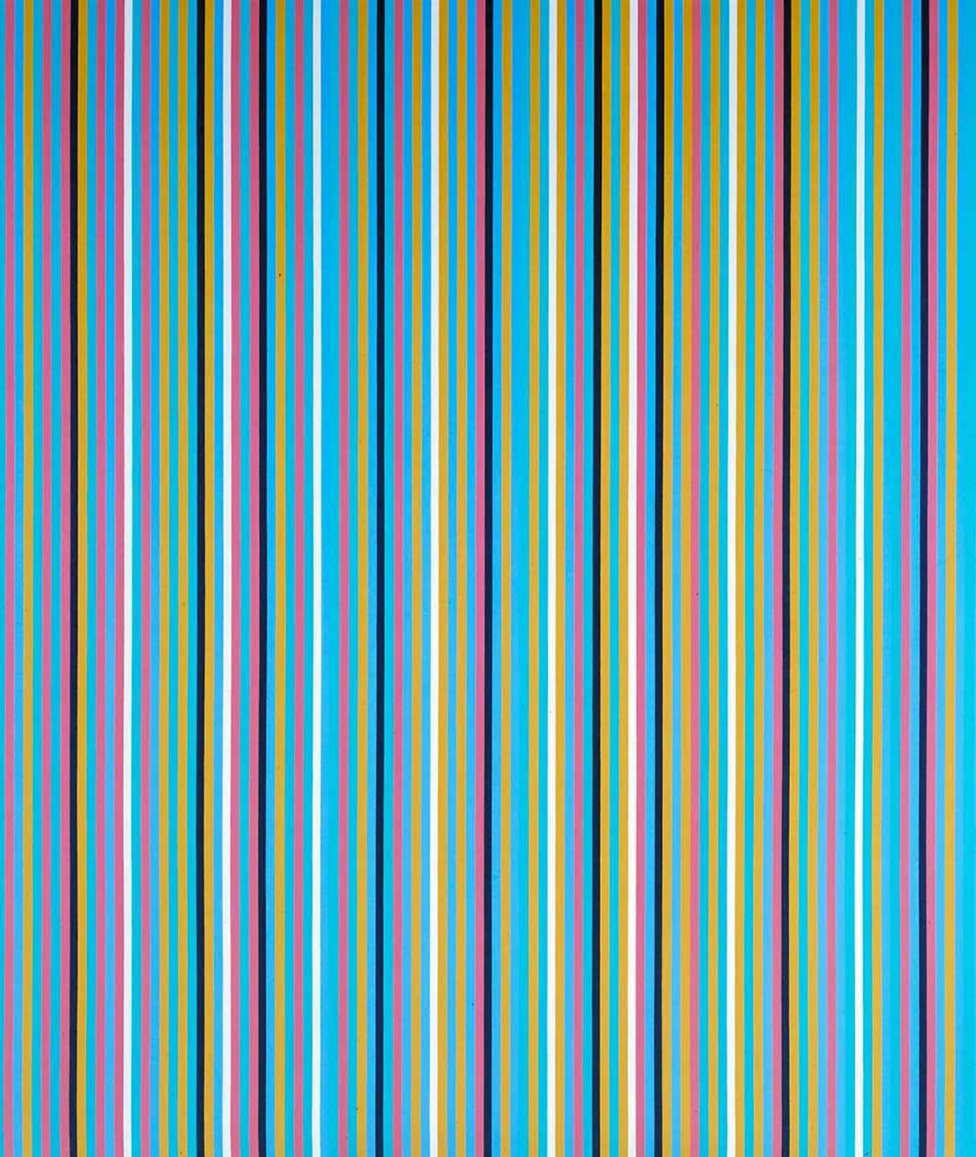 Bridget Riley’s Achæan. An optical illusion screenprint of multicoloured stripes against a white background. 