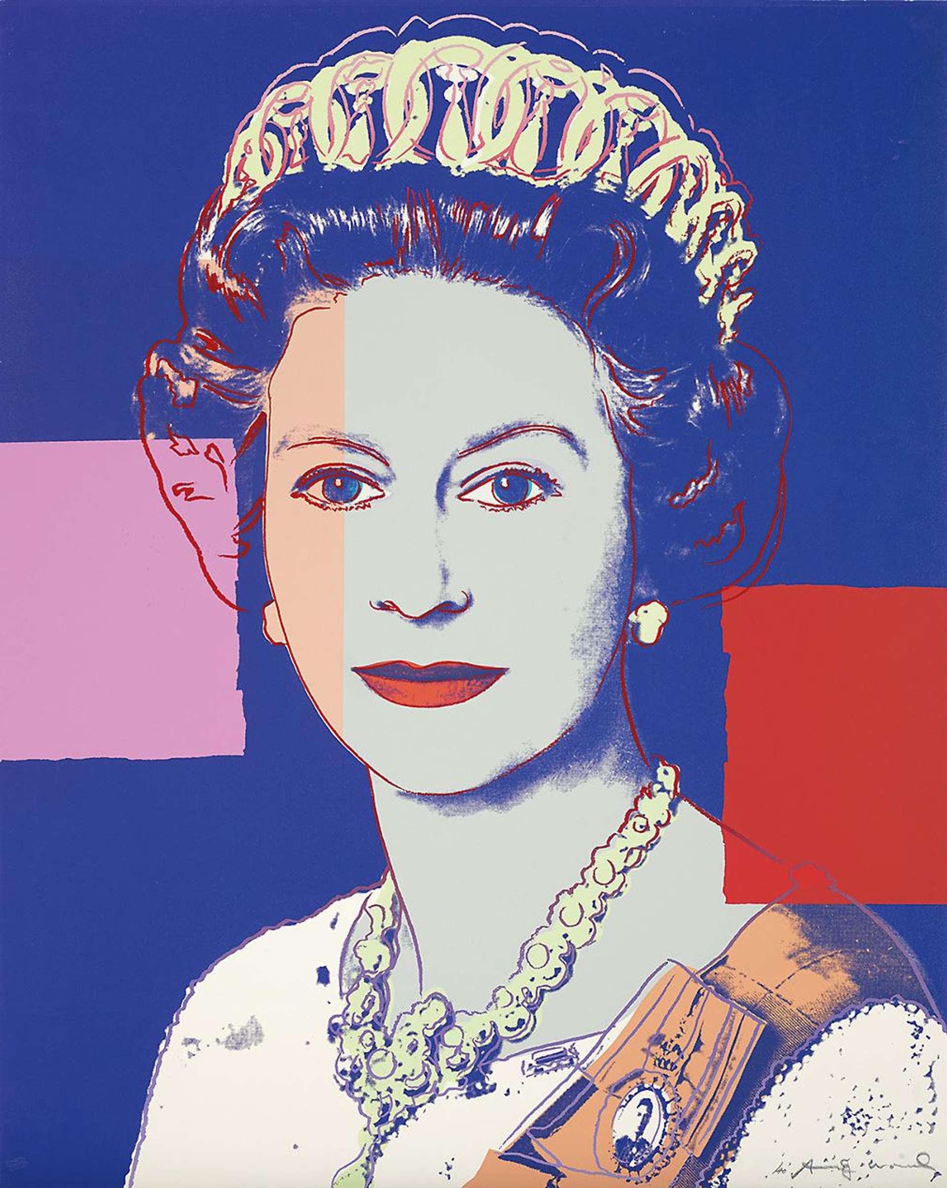The royal portrait of Queen Elizabeth II appears at the centre of the composition. The Queen is adorned in her crown and other royal jewels, with her features accentuated by graphic outlines. The background is blue, with two collaged squares in red and pink reaching towards the Queen's portrait.