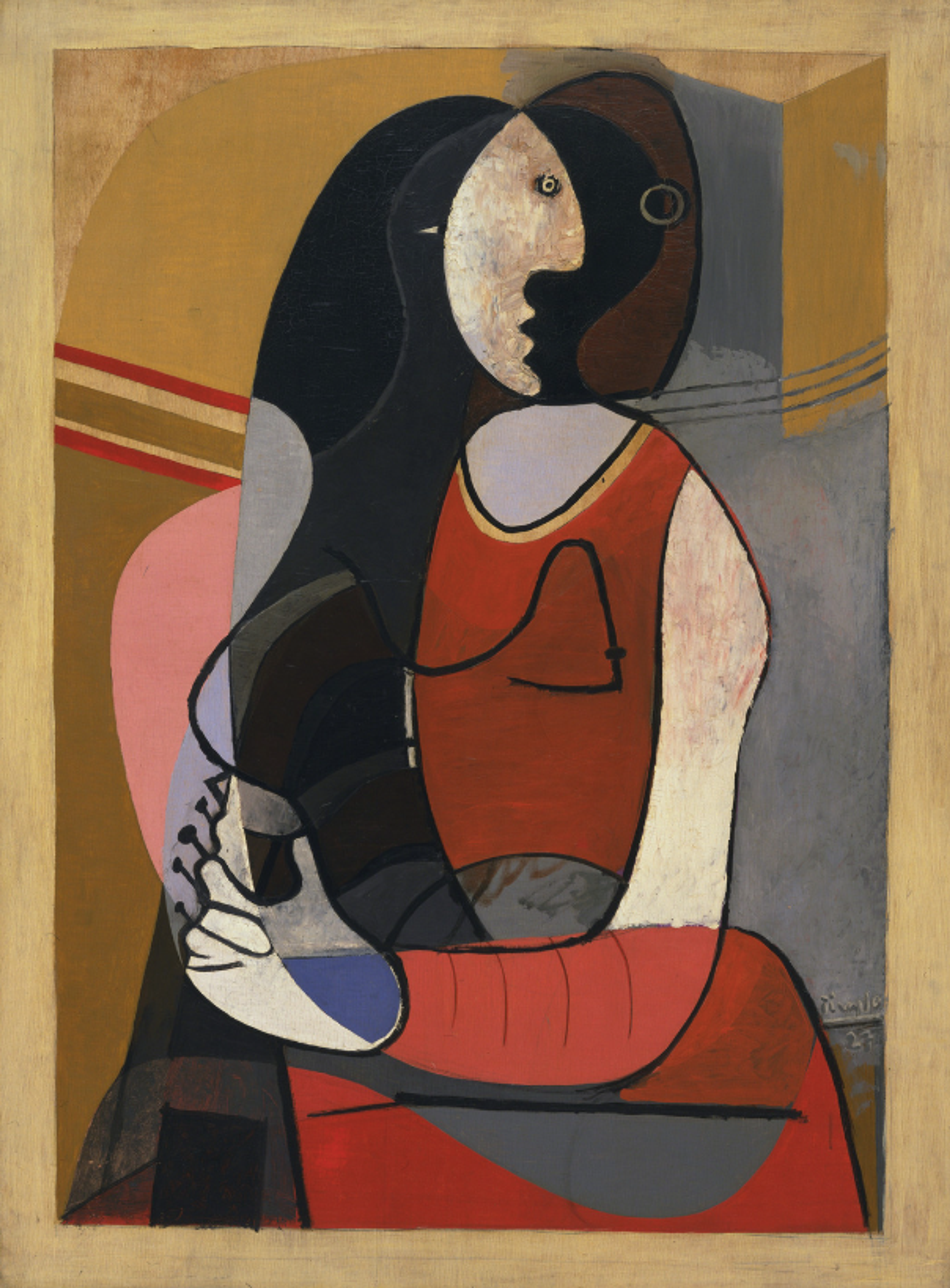 An abstract cubist painting titled "Seated Woman" by Pablo Picasso, featuring a fragmented female figure seated with crossed arms, wearing a hat and striped dress, against a beige background.