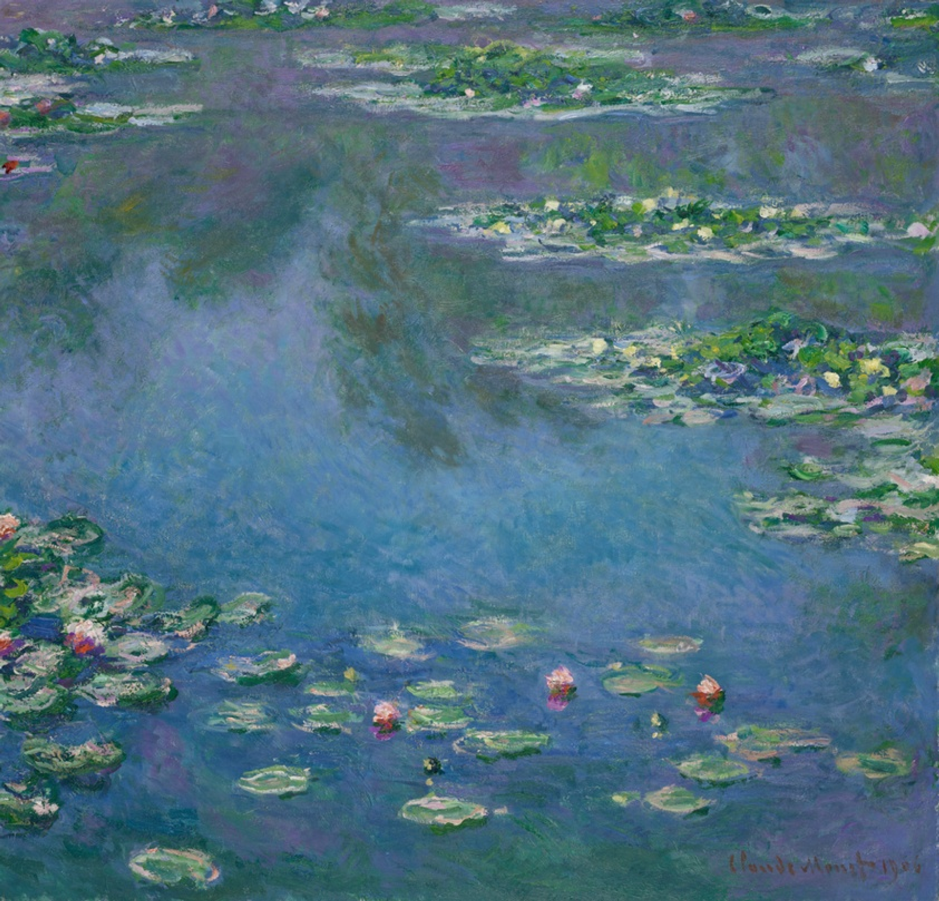 An image of Claude Monet's Water Lilies. Depicted in his typical Impressionist style, the flowers are shown floating in a reflective pond.