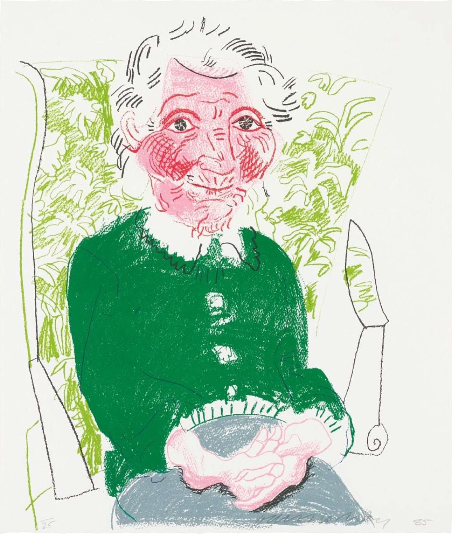 David Hockney's Portrait Of Mother I. A lithographic print of an elderly woman with bright red cheeks, wearing a green sweater while seated in a green patterned chair.