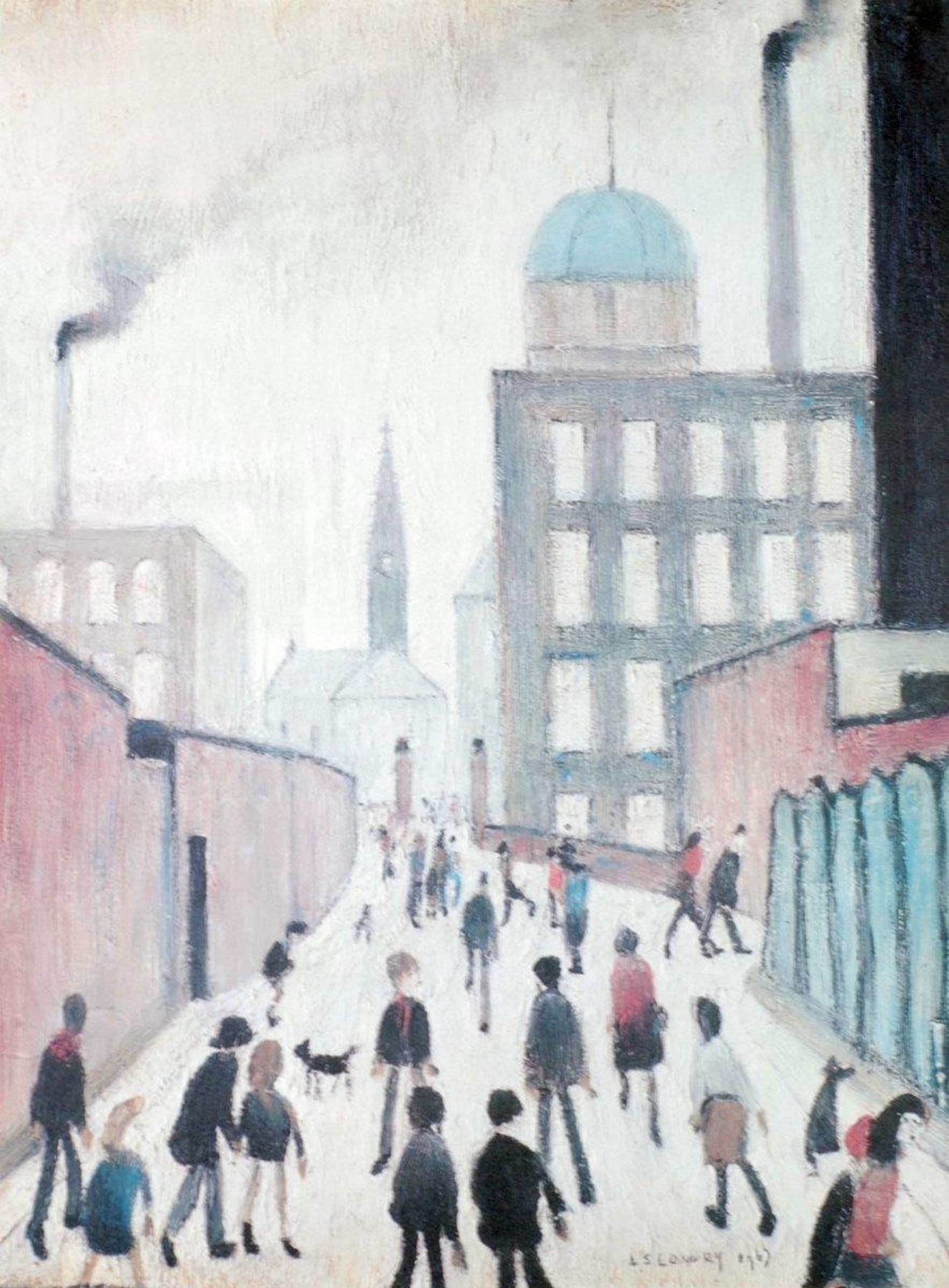 L.S. Lowry’s Mrs Swindell's Picture. A lithograph of a city landscape with people in the centre of the street. 
