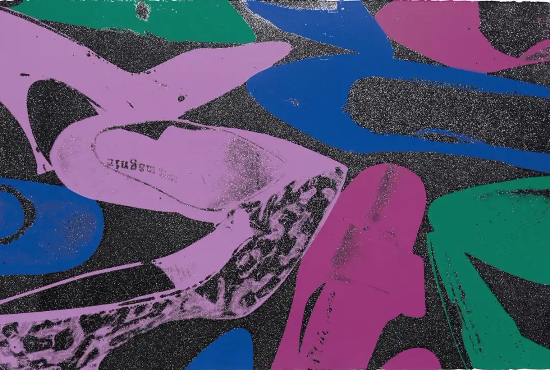 The print depicts a haphazard arrangement of high heel shoes that appear to have been strewn carelessly on the floor. The shoes are rendered in bright and bold colours with pink, green, blue and fuchsia dominating the composition. The vibrant colours stand out against the dark backdrop.