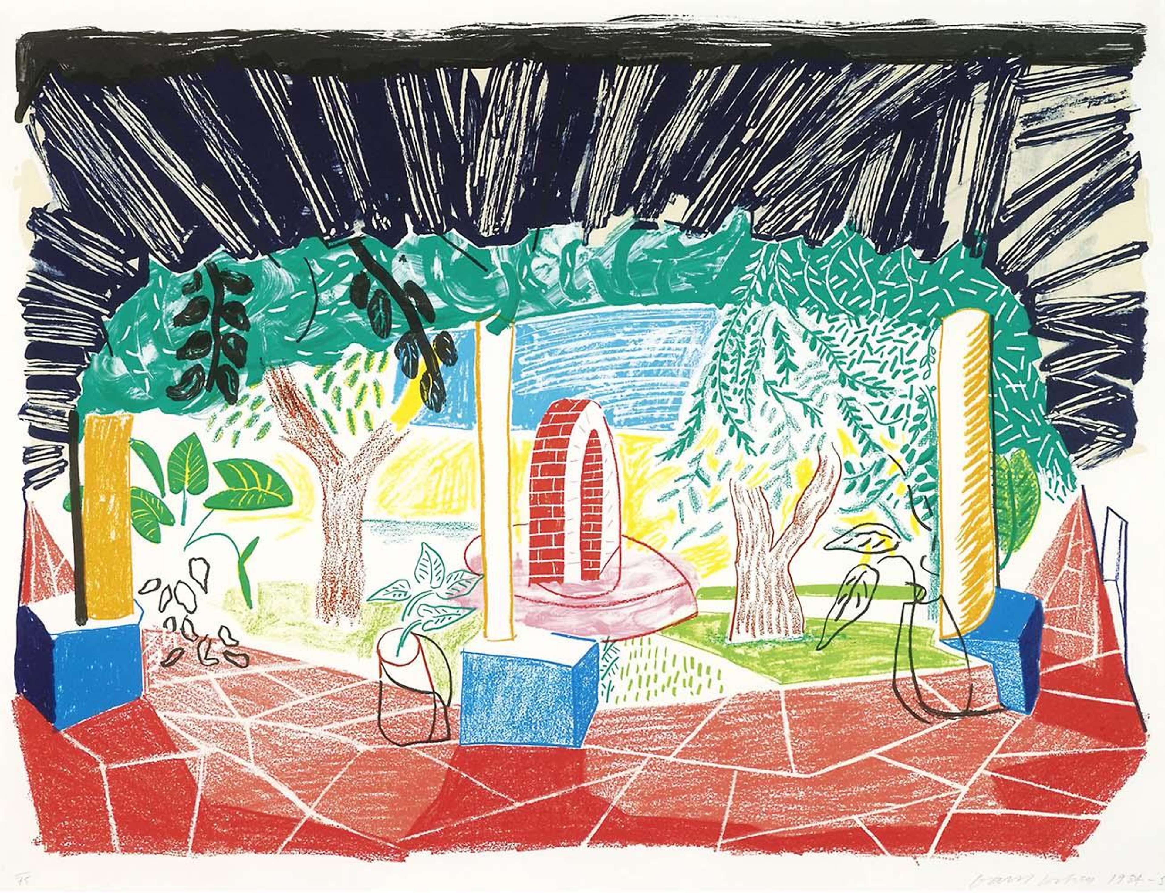 David Hockney’s Views Of Hotel Well I. A lithographic print of the interior and exterior setting of a hotel well and its patio setting surrounded by pillars and exposed interior covering. 