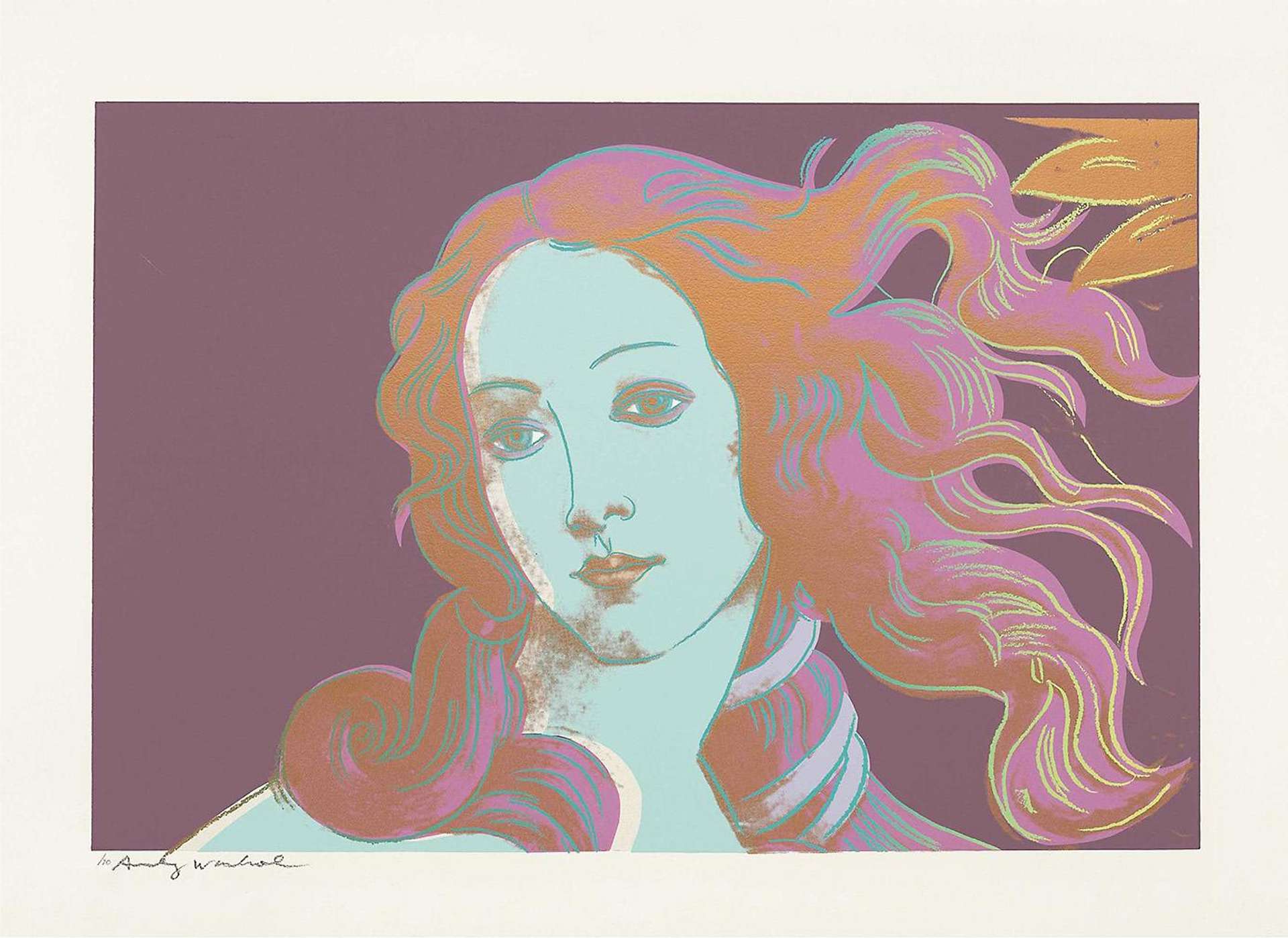 An image of a close-up of the Birth of Venus by Andy Warhol, directly citing Botticelli. It depicts the female goddess Venus in signature bright Pop Art colours