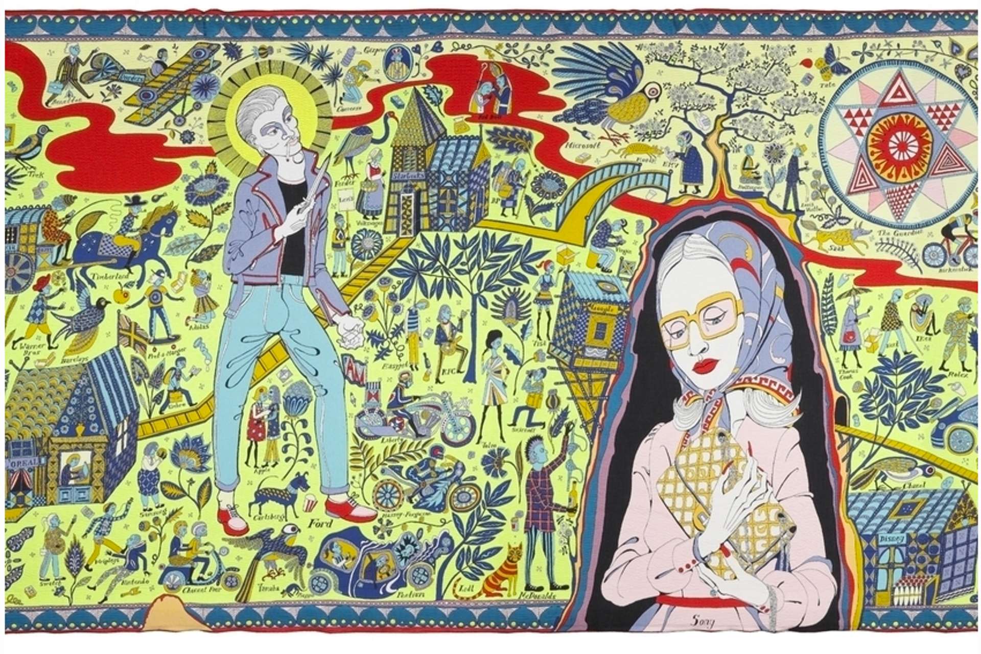 Yellow, blue and red tapestry featuring images of people, houses, birds, trees and  geometric symbols.