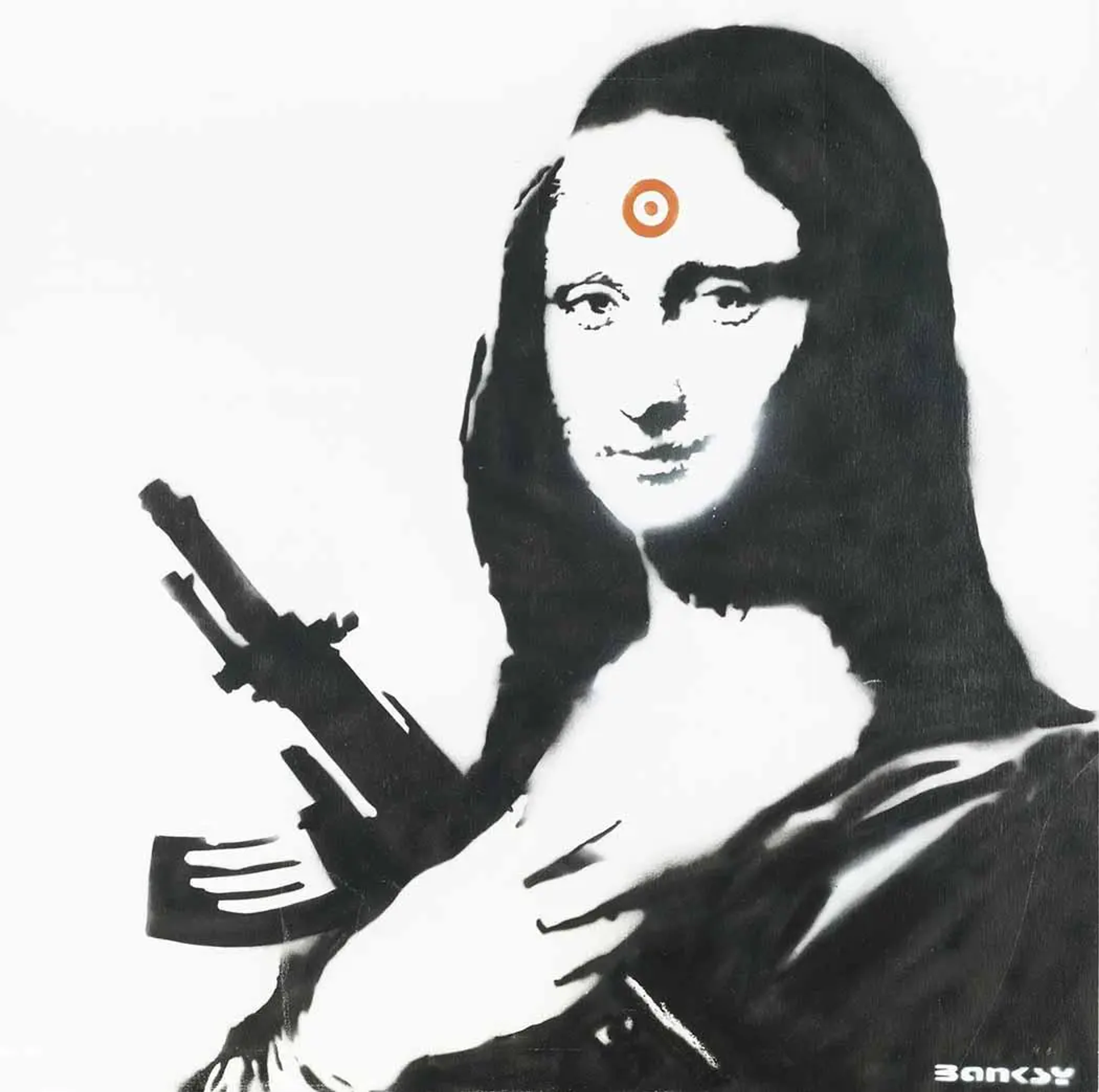 Rendered in monochrome with the exception of a red dot indicating the shooter’s point of aim, Mona Lisa With AK 47 is a spray painting produced by Bansky in 2000. The artwork displays the artist’s recognisable stencilled style while reimagining the famous female subject.