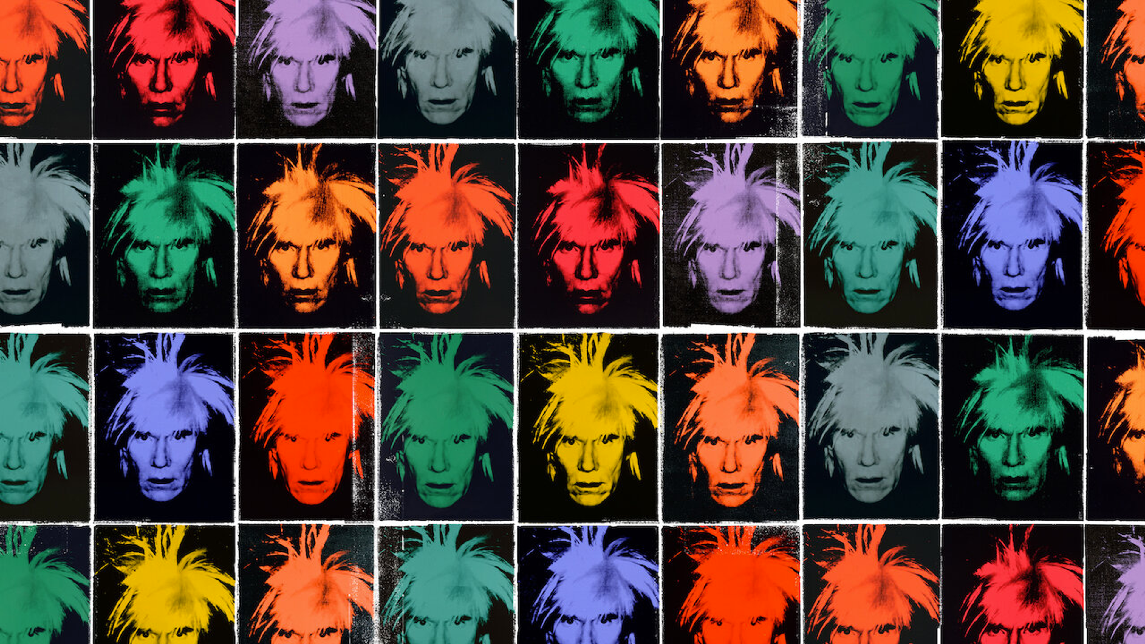 A series of repeated portraits of Andy Warhol gazing into the camera, each in a distinct colour.