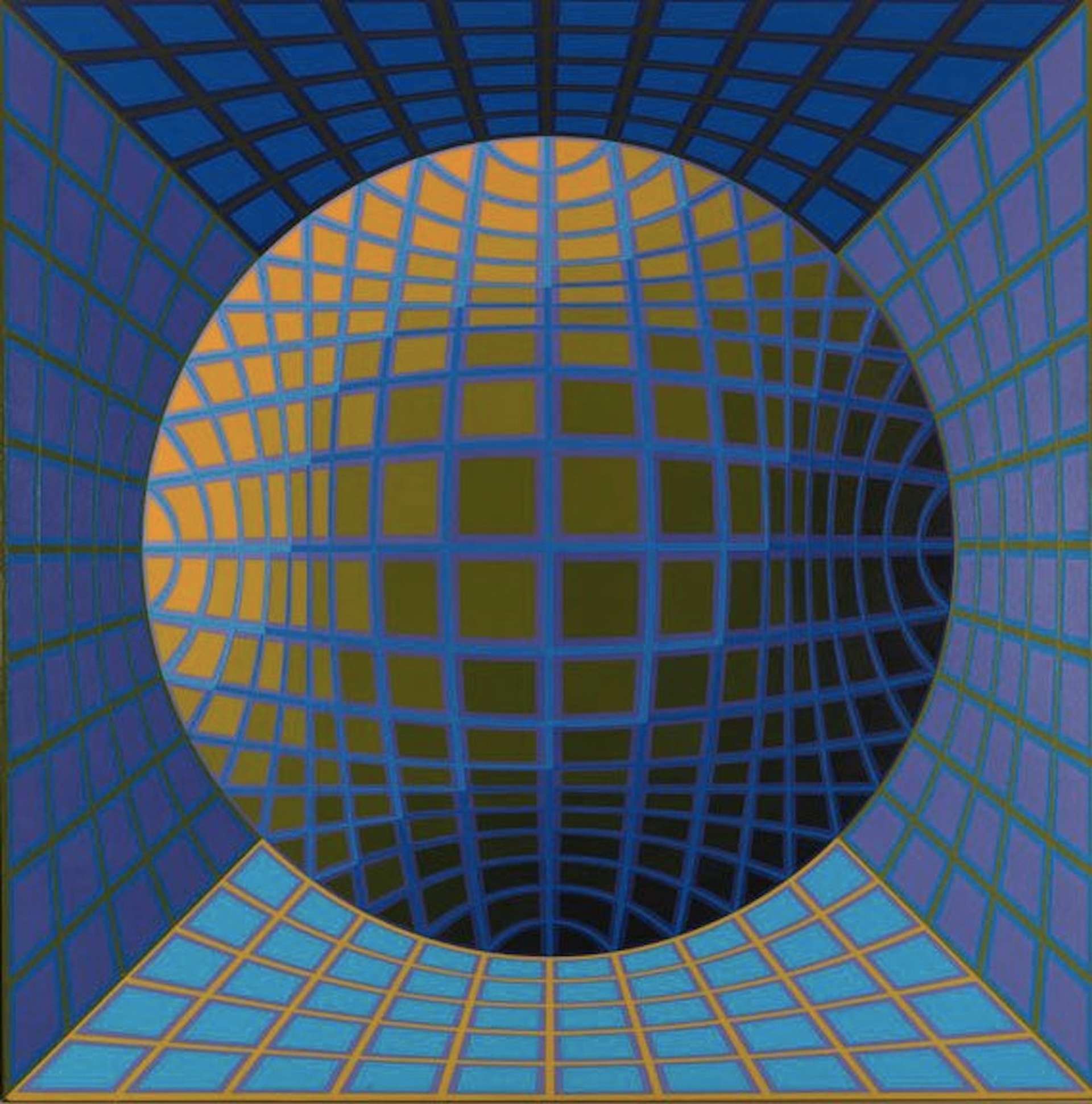  A rectangular canvas composed of blues, purples, and gold, imprinted with a skewed pattern of squares strategically positioned to create a tunnel vision optical illusion effect, with a circle emerging from the centre.