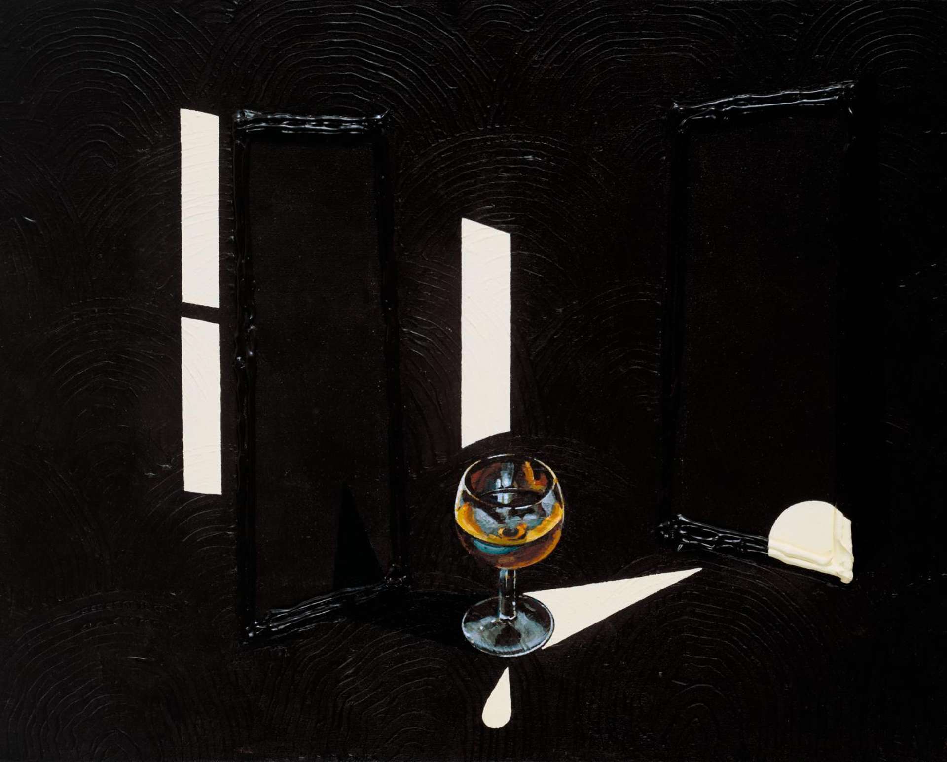 A painting by the artist Patrick Caulfield showing a single photorealistic glass of whisky, contrasting against white highlights depicting windows and light against a black background.