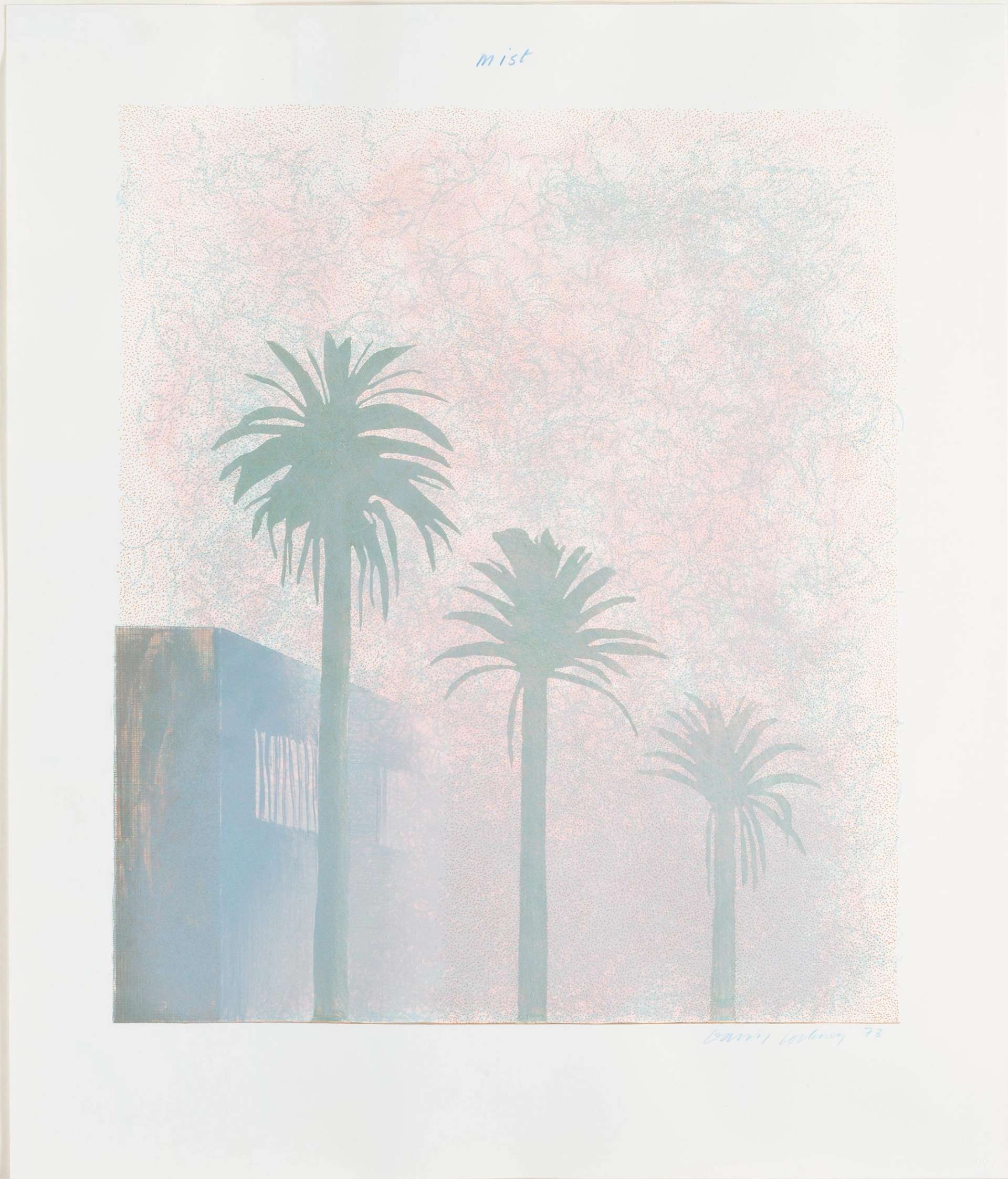 Featuring LA’s iconic palm trees, Mist is a work by David Hockney. Receding into the distance the trees frame a low flat roofed building at the left of the composition while the mist of the title suffuses the scene in a soft pink and grey glow. 