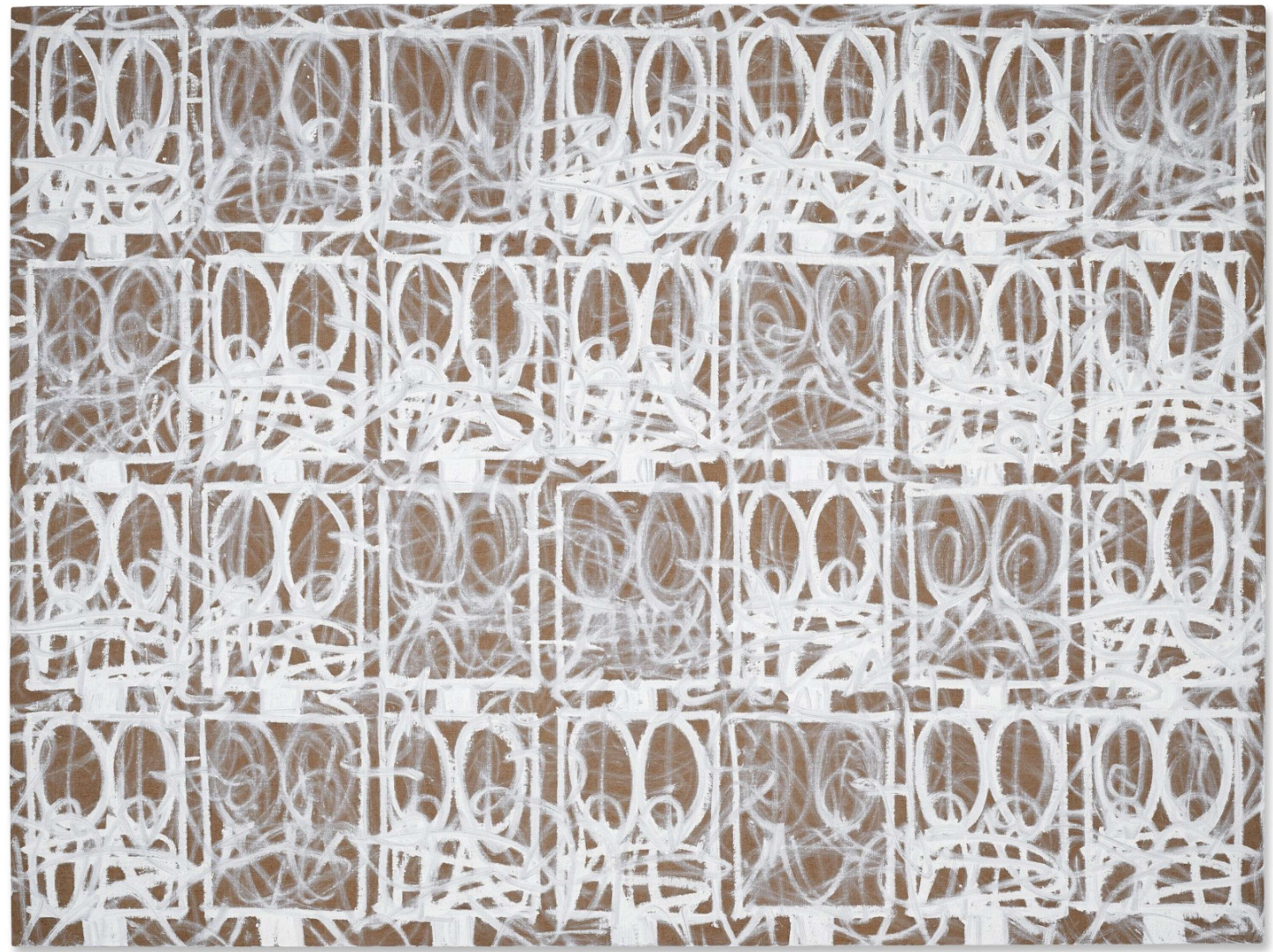 An artwork by Rashid Johnson on an unprimed canvas featuring a grid-like arrangement of white, scribbled faces.