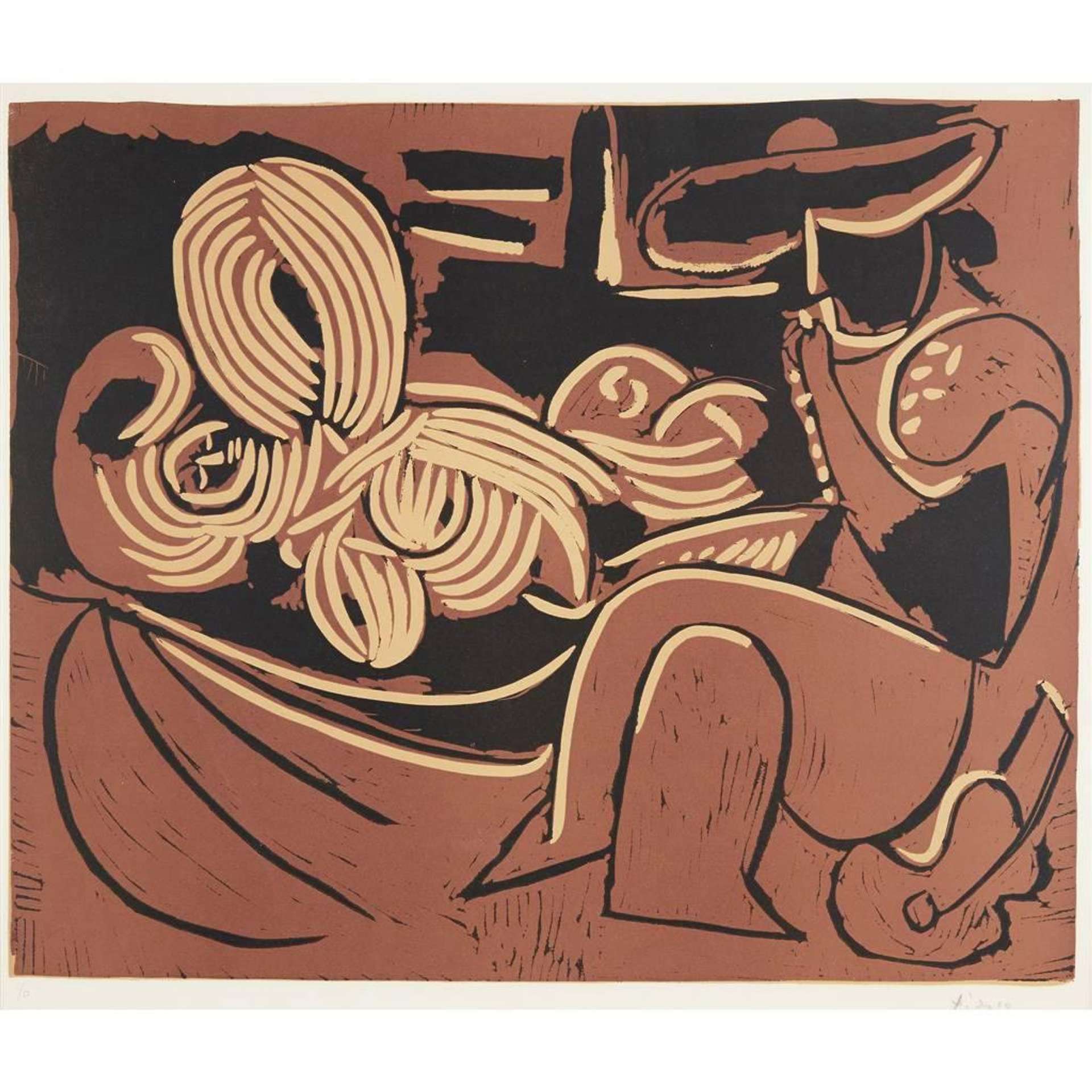 Pablo Picasso's Femme Couchée Et Homme À La Guitare. Painting of a man and a woman beside each other, next to a guitar. 