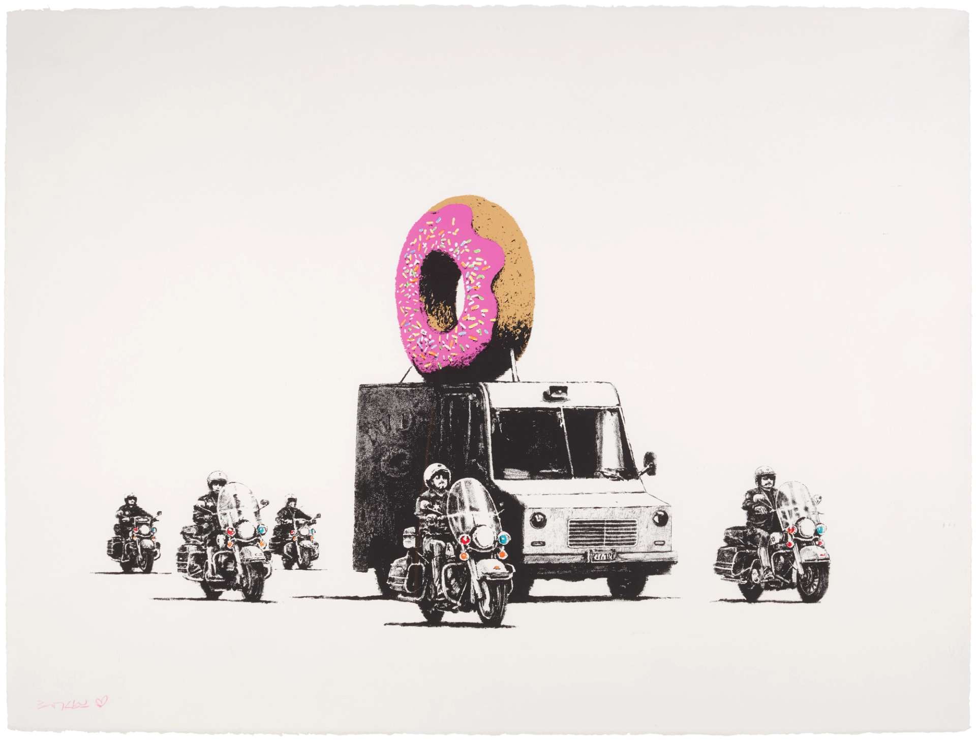 Banksy's Donuts, Strawberry. A strawberry donut on top of a truck being escorted by police on motorbikes.