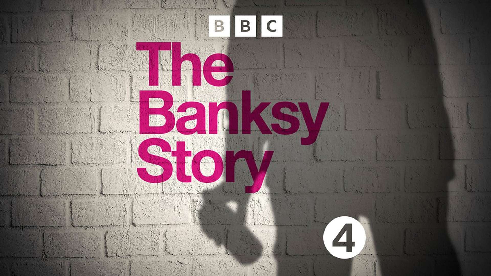 An advertorial image for BBC Radio 4's The Banksy Story podcast (2023) showing a shadow figure holding a spray paint can against a white brick wall with the name of the podcast typed in pink.