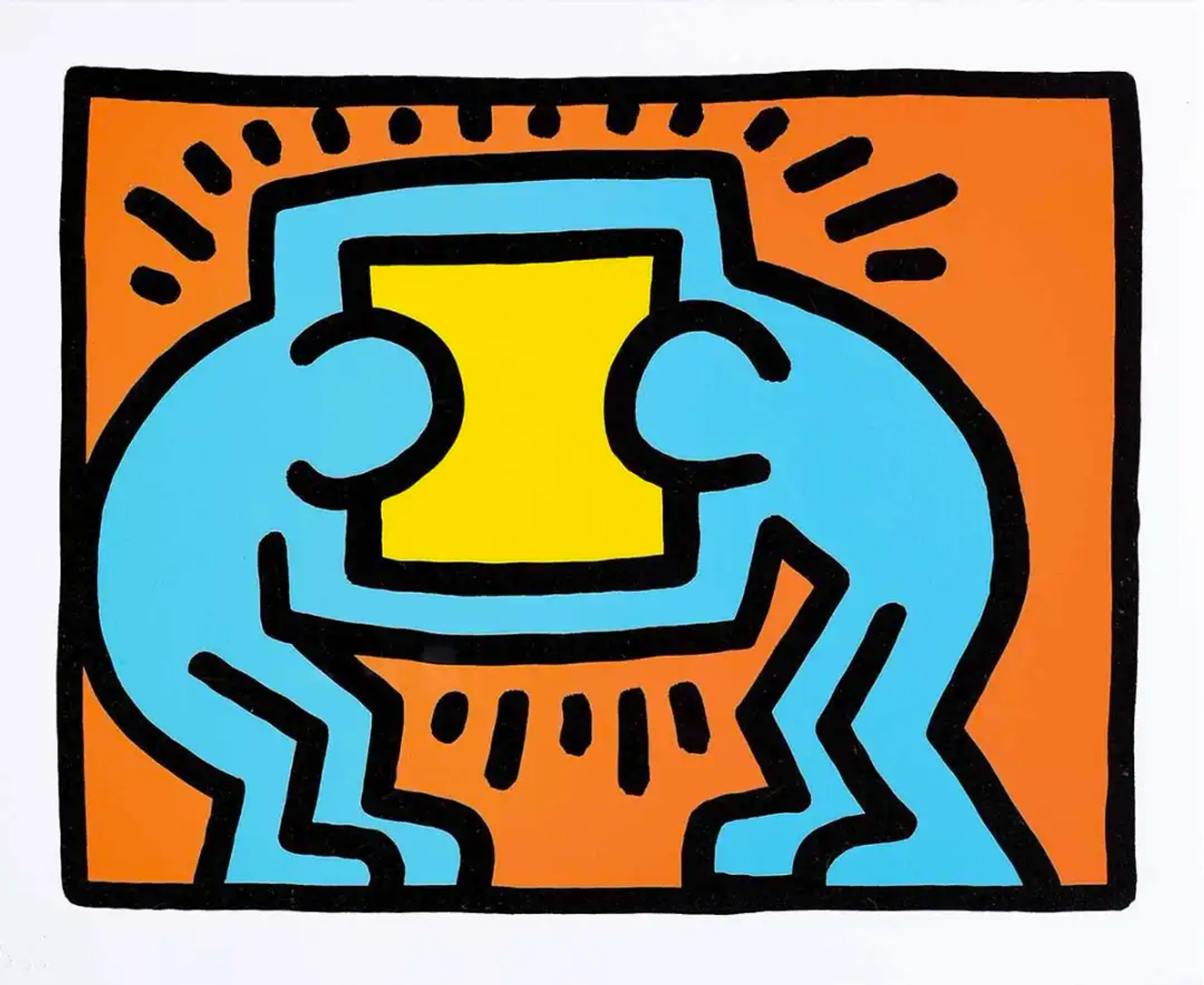 An image of a print by Keith Haring, made entirely of primary colours contained within thick black lines, Pop Shop VI is typical of Haring’s oeuvre. Featuring conjoined figures emanating lines of energy in a display of solidarity and community.