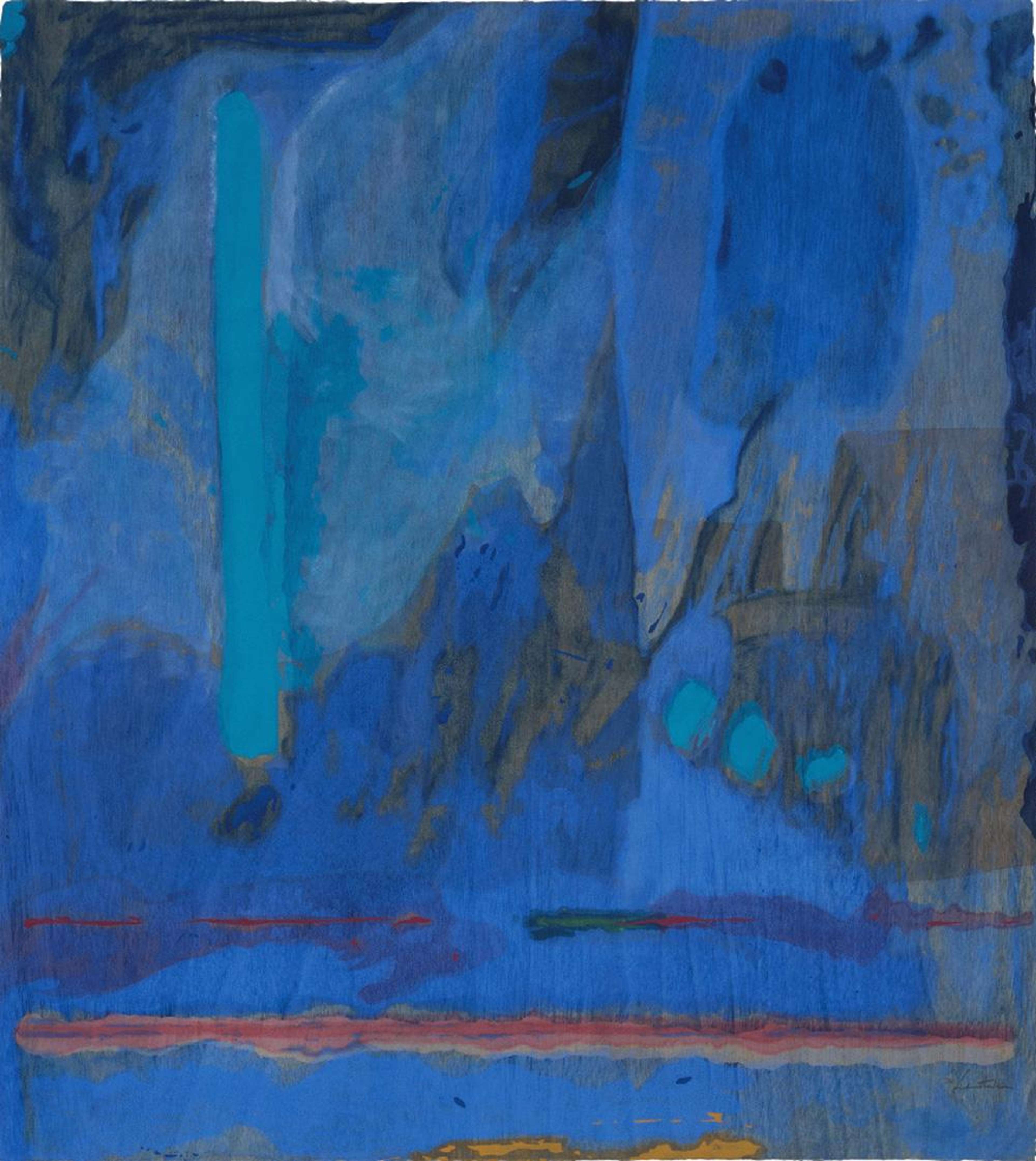 Helen Frankenthaler’s Tales Of Genji III. Abstract expressionist woodcut print of a predominately blue background with accents of red	