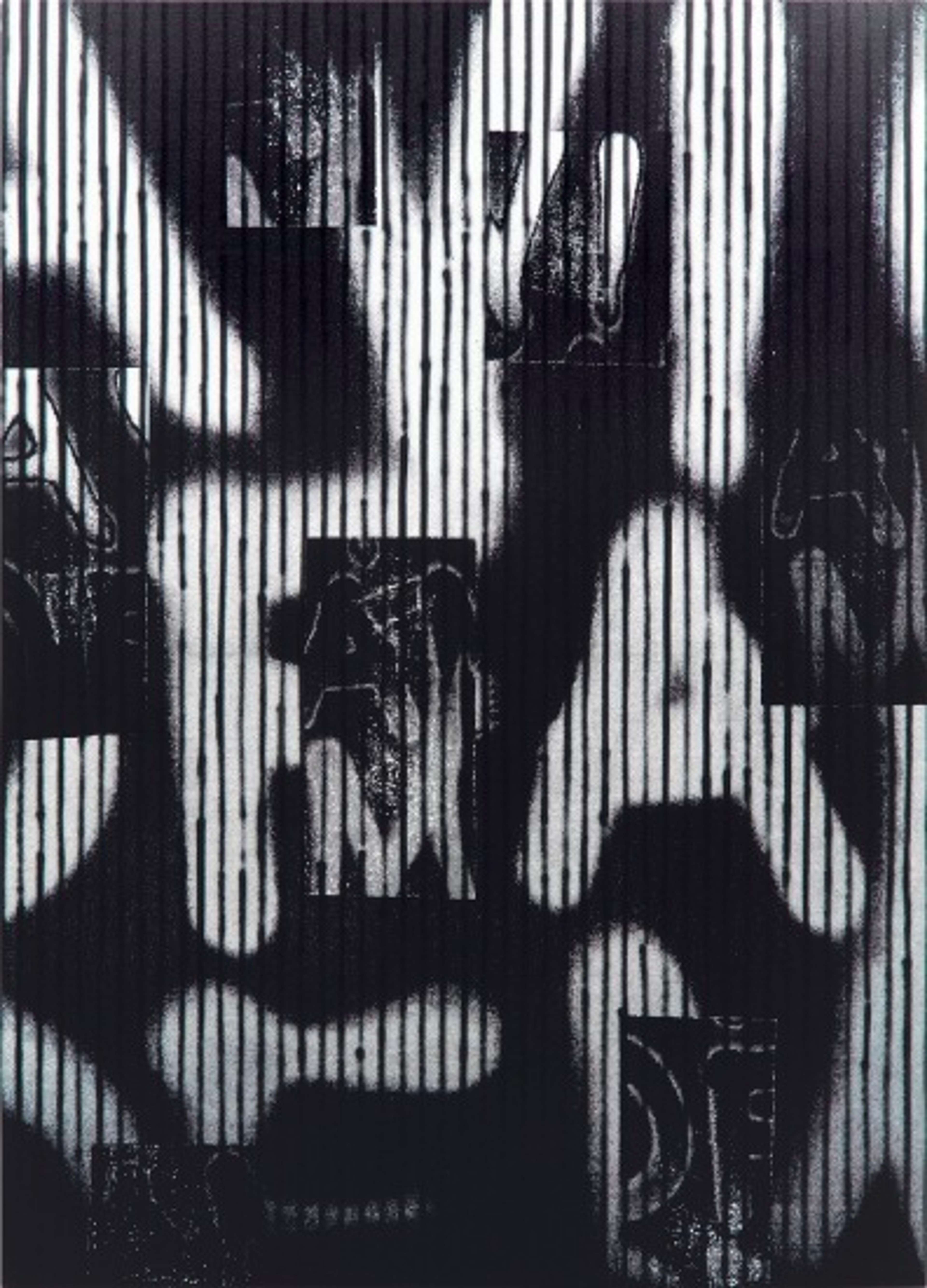 Monochromatic black and white canvas featuring spray-painted vertical lines and stencil-cropped letters, hinting at the title “Untitled (A Victim of American Democracy),’’ with a screenprinted black and white photograph in the center.