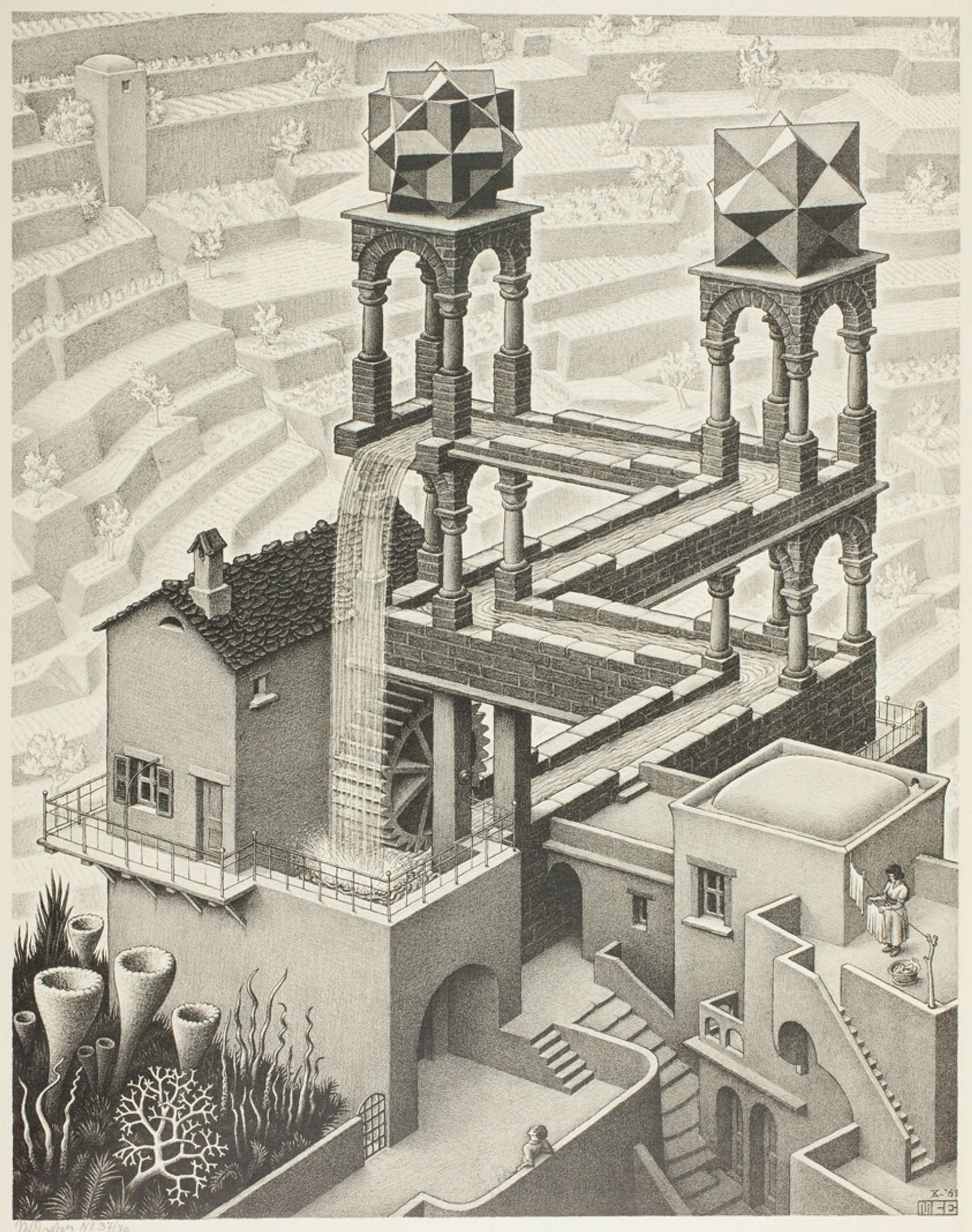 A lithograph titled "Waterfall" by M.C. Escher, depicting a continuous waterfall flowing upwards in a perpetual motion, defying the laws of gravity.