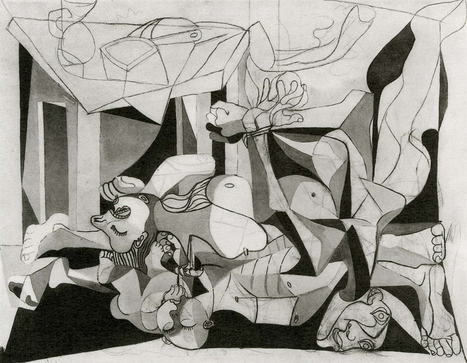 Dismembered cubist figures piled together on the floor 