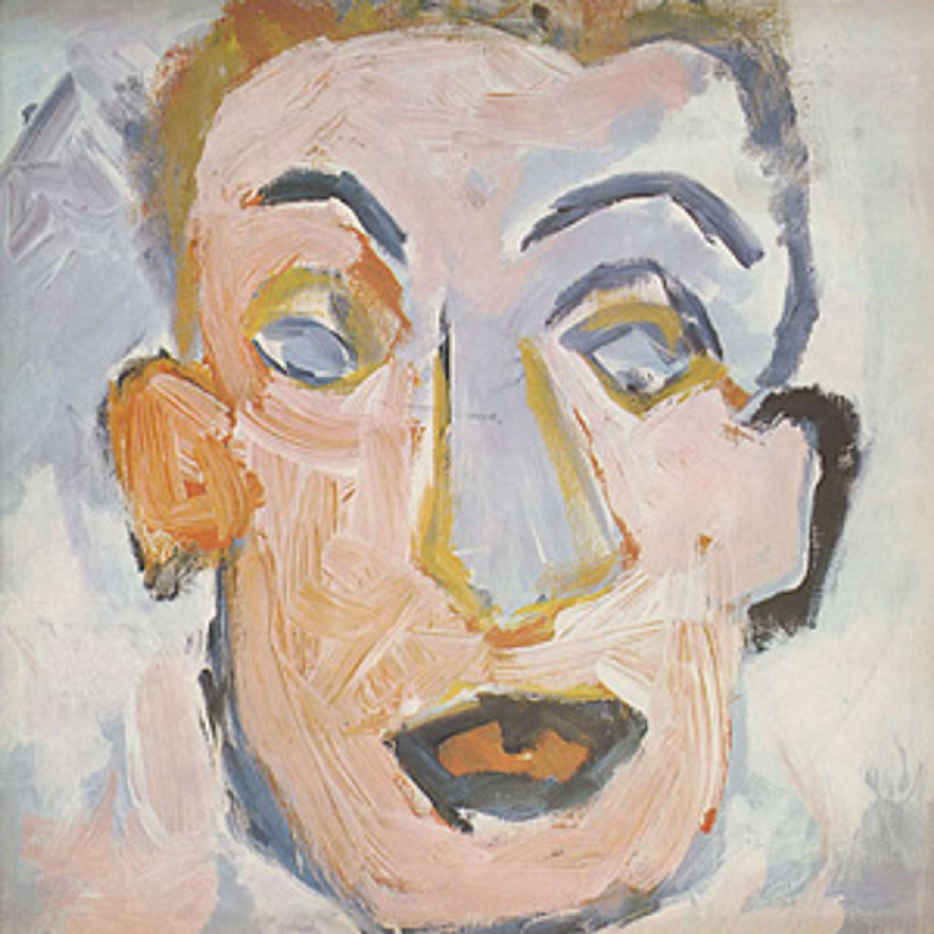 A close-up of a human face, a self portrait by artist Bob Dylan. The colour palette includes oranges, greys and purples.