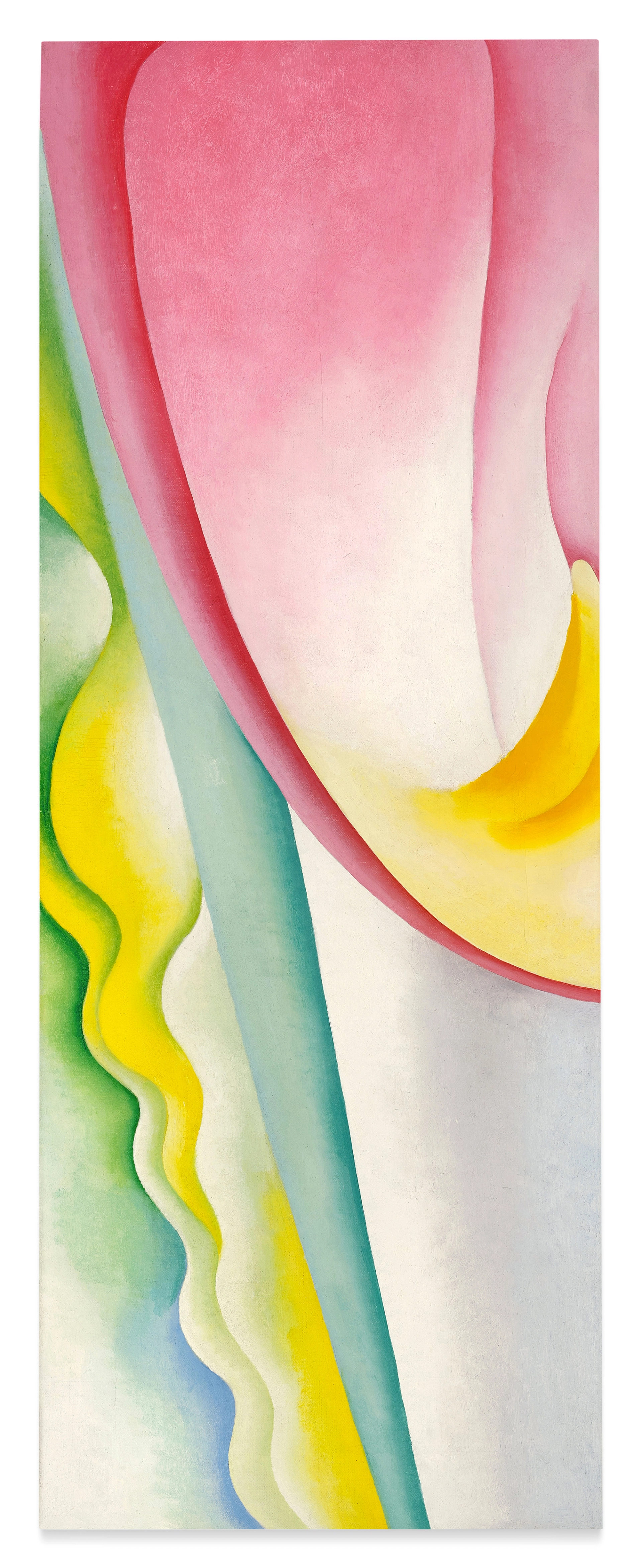 A close-up abstracted painting of a tulip by Georgia O'Keeffe, done in tones of pink and green.