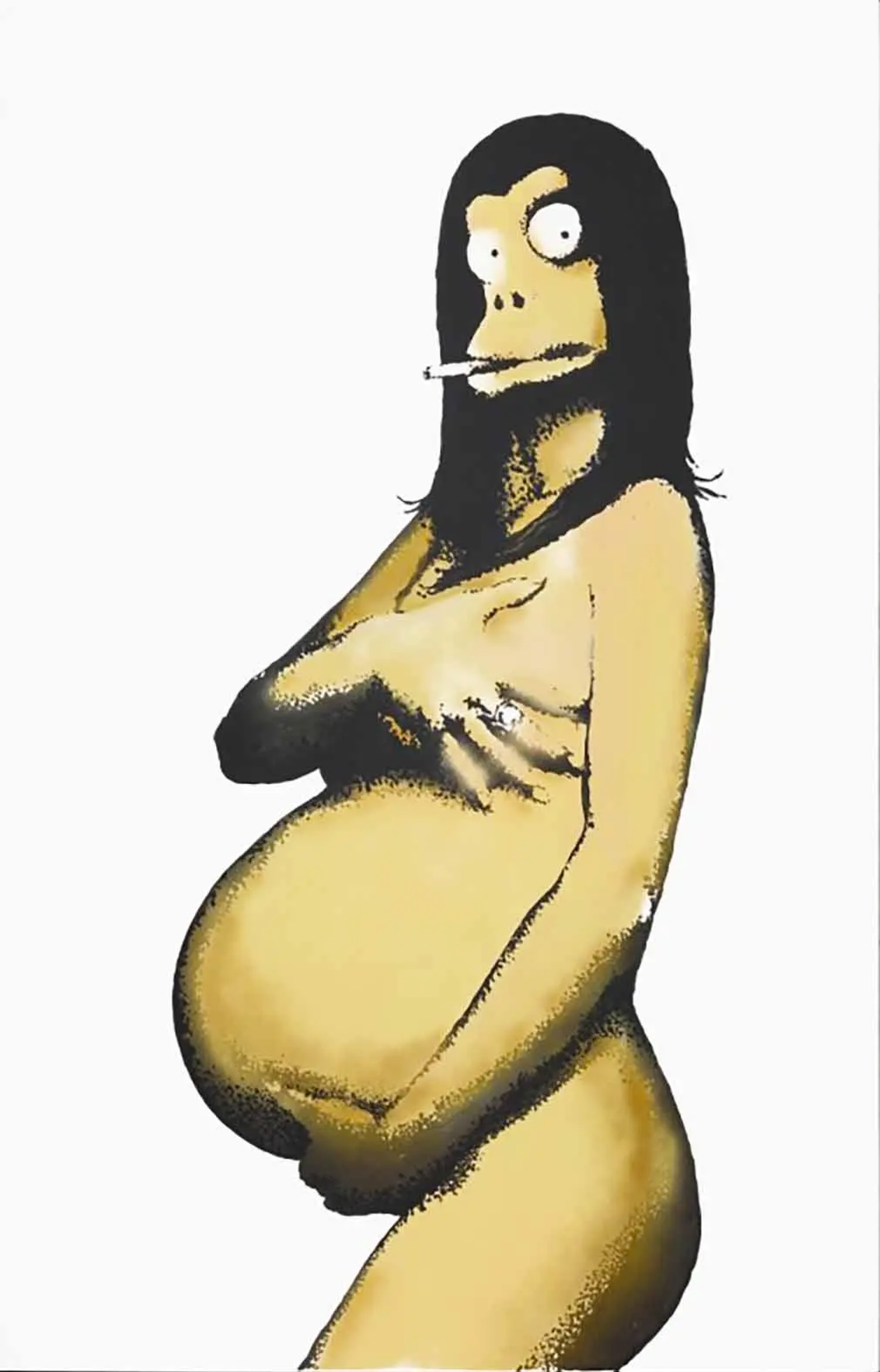 This work by Banksy takes inspiration from Demi Moore's iconic pregnant nude cover shot. A nude pregnant female is shown covering her breasts and craddling her bump, while wearing Banksy's monkey mask.