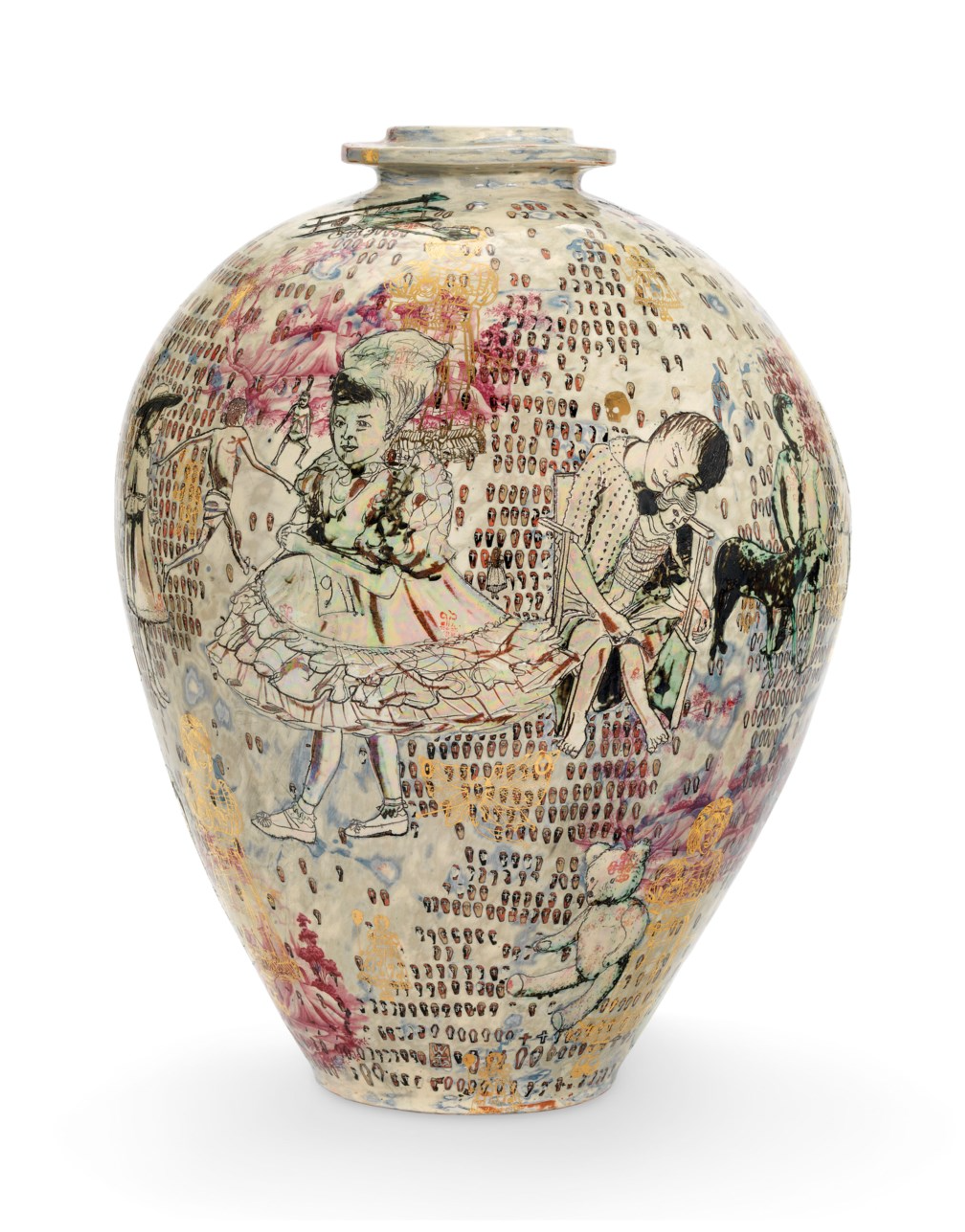 Glazed earthenware by Grayson Perry, depicting Claire and ethereal child figures, drawing on Greek and folk art traditions.