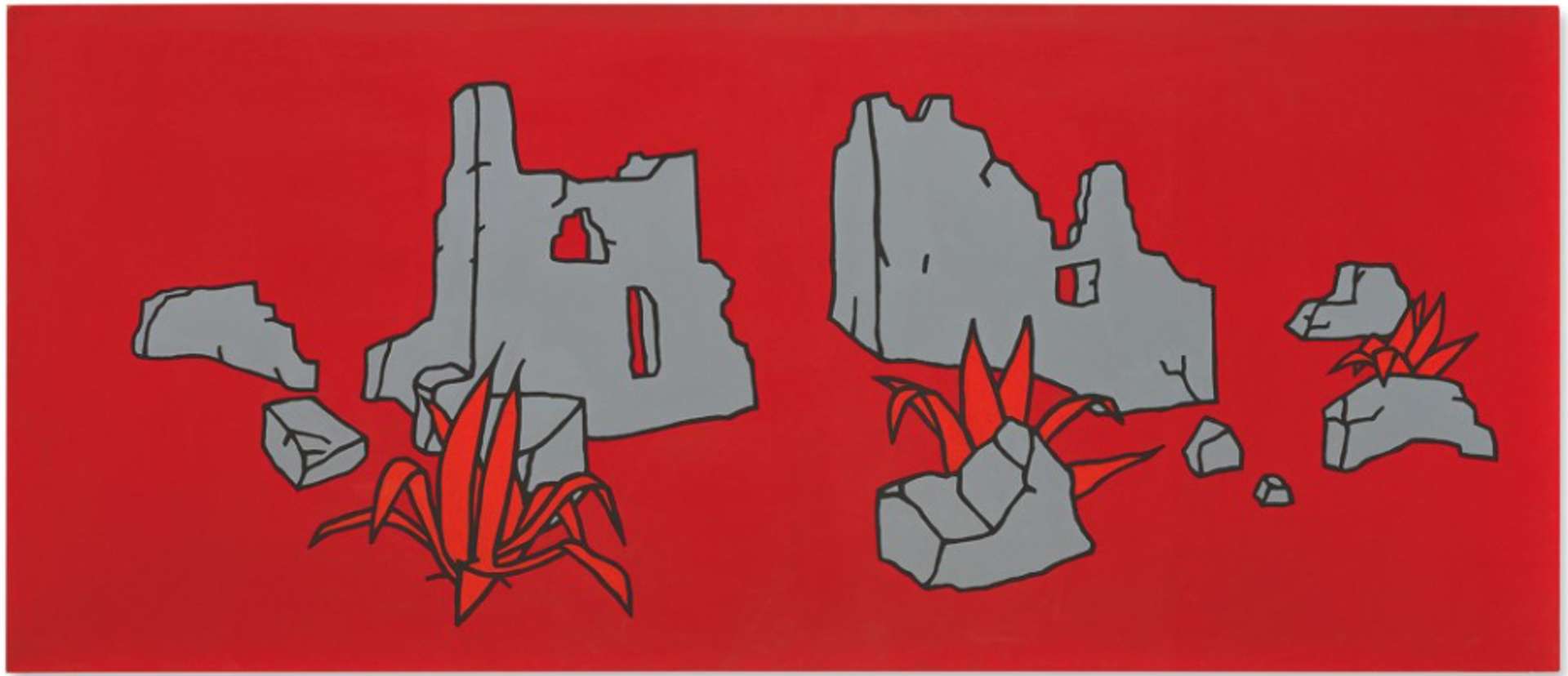  A large panoramic bright red canvas showcasing cropped grey ruins of an ancient building, with scattered patches of red grass.