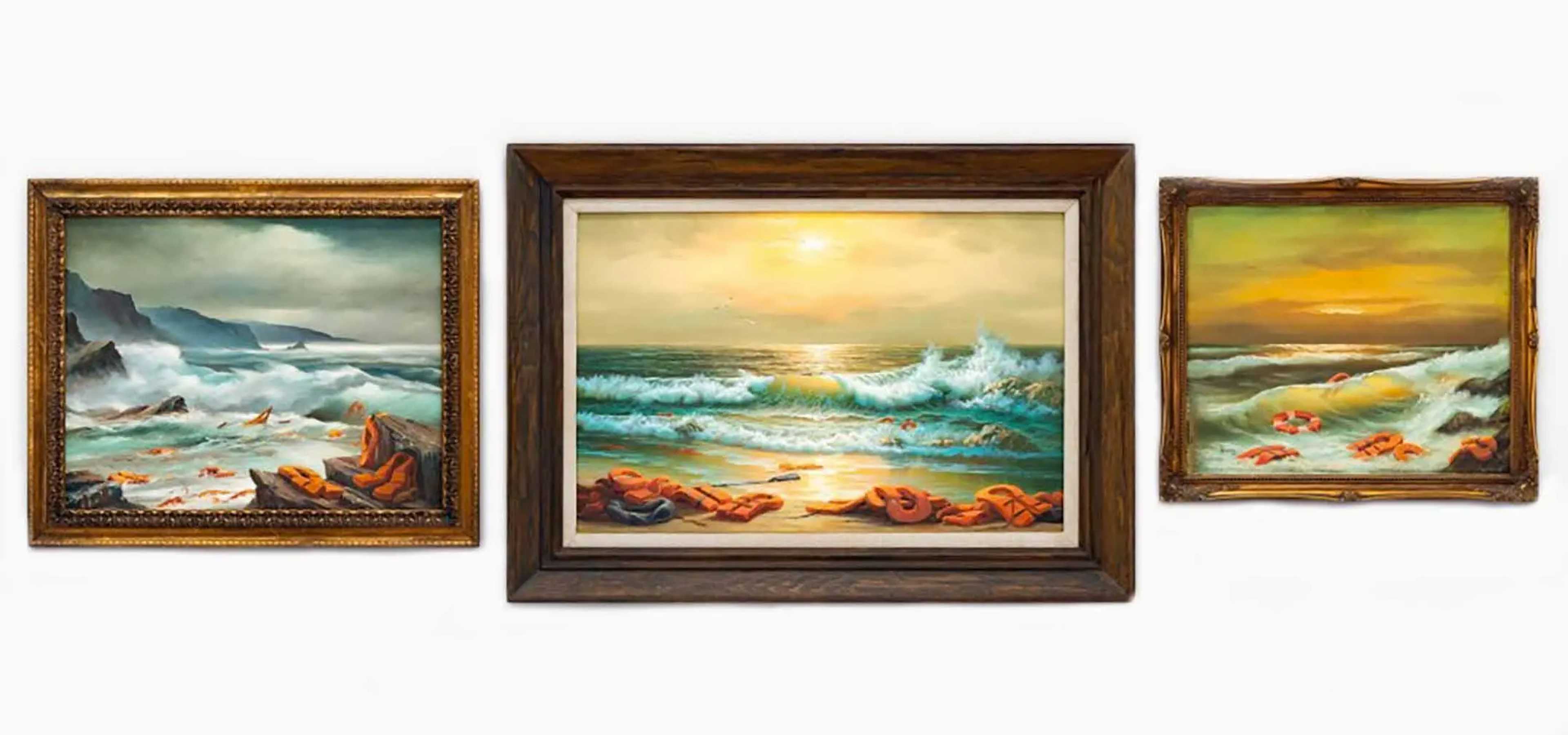 Mediterranean Sea View is a triptych consisting of three found oil paintings that were reworked by Banksy in 2017. Filled with translucent breaking waves, the turbulent seascapes feature in three of the canvases, recalling the Romantic era imagery. Banksy interrupts the original scenery by imposing hand-painted life jackets and buoys on the canvases.