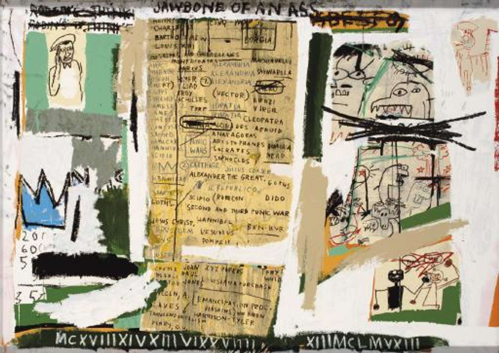 Jean-Michel Basquiat’s Jawbone Of An Ass. A Neo-Expressionist screenprint of a variety of texts, symbols, and animated figures. 
