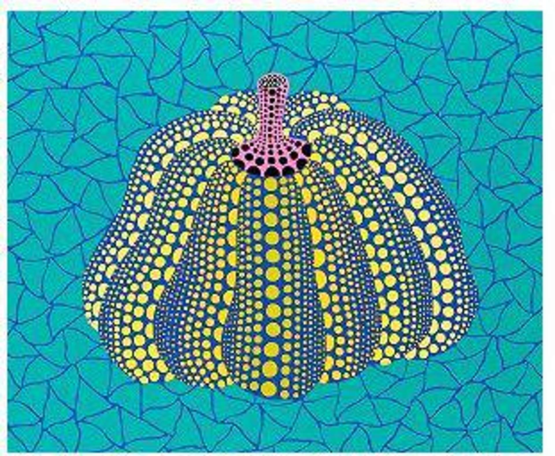 Yayoi Kusama’s Pumpkin (OG) , Kusama 156. A screenprint of a pumpkin made of blue, yellow, pink, and black polka dots against a blue, web-patterned background. 