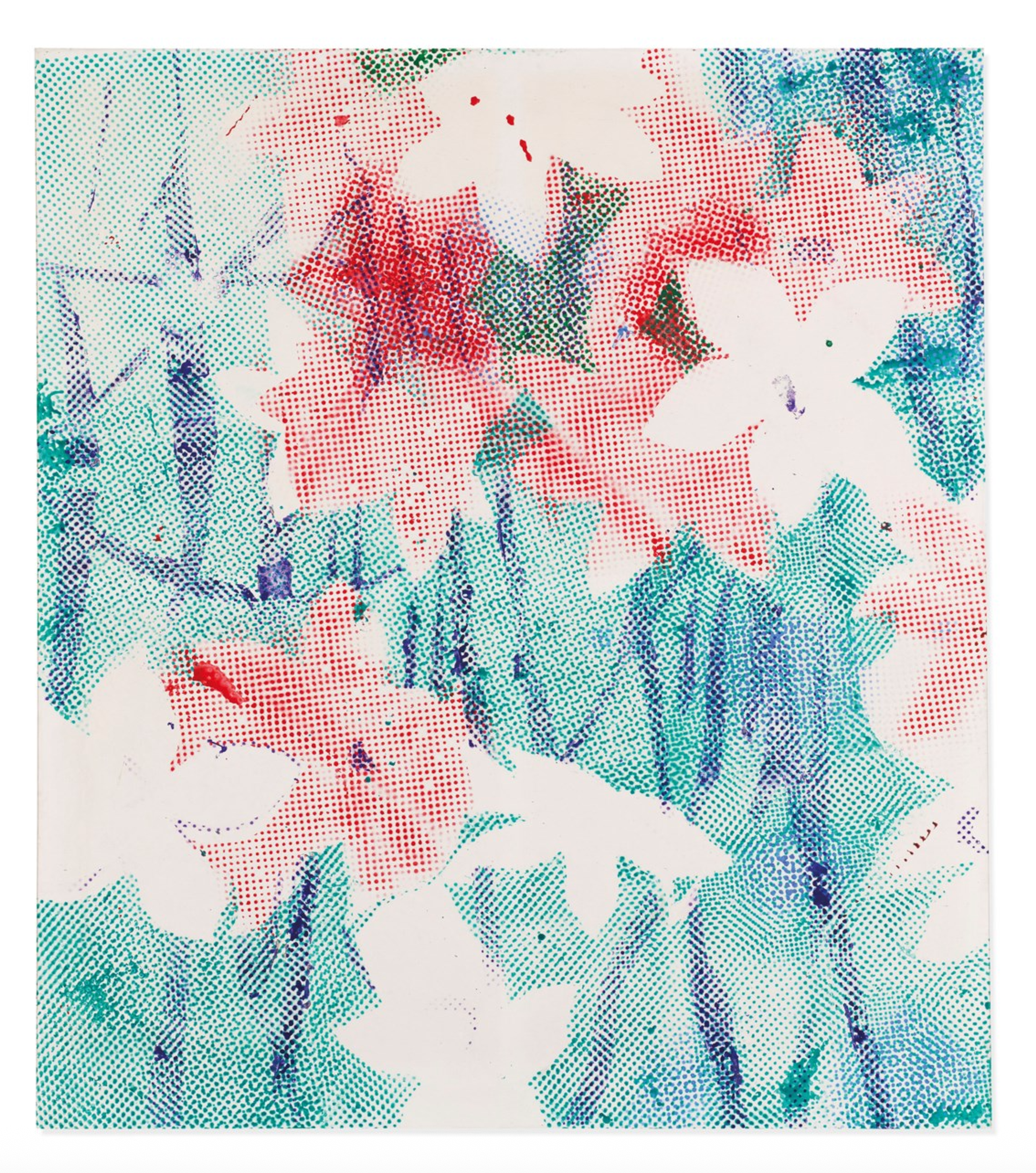 Crimson cyclamen flowers emerge from a blue-green field of uneven, overlapping dots. Delicate petals float amid blades of grass, with areas of misty abstraction and bruise-like chromatic density.