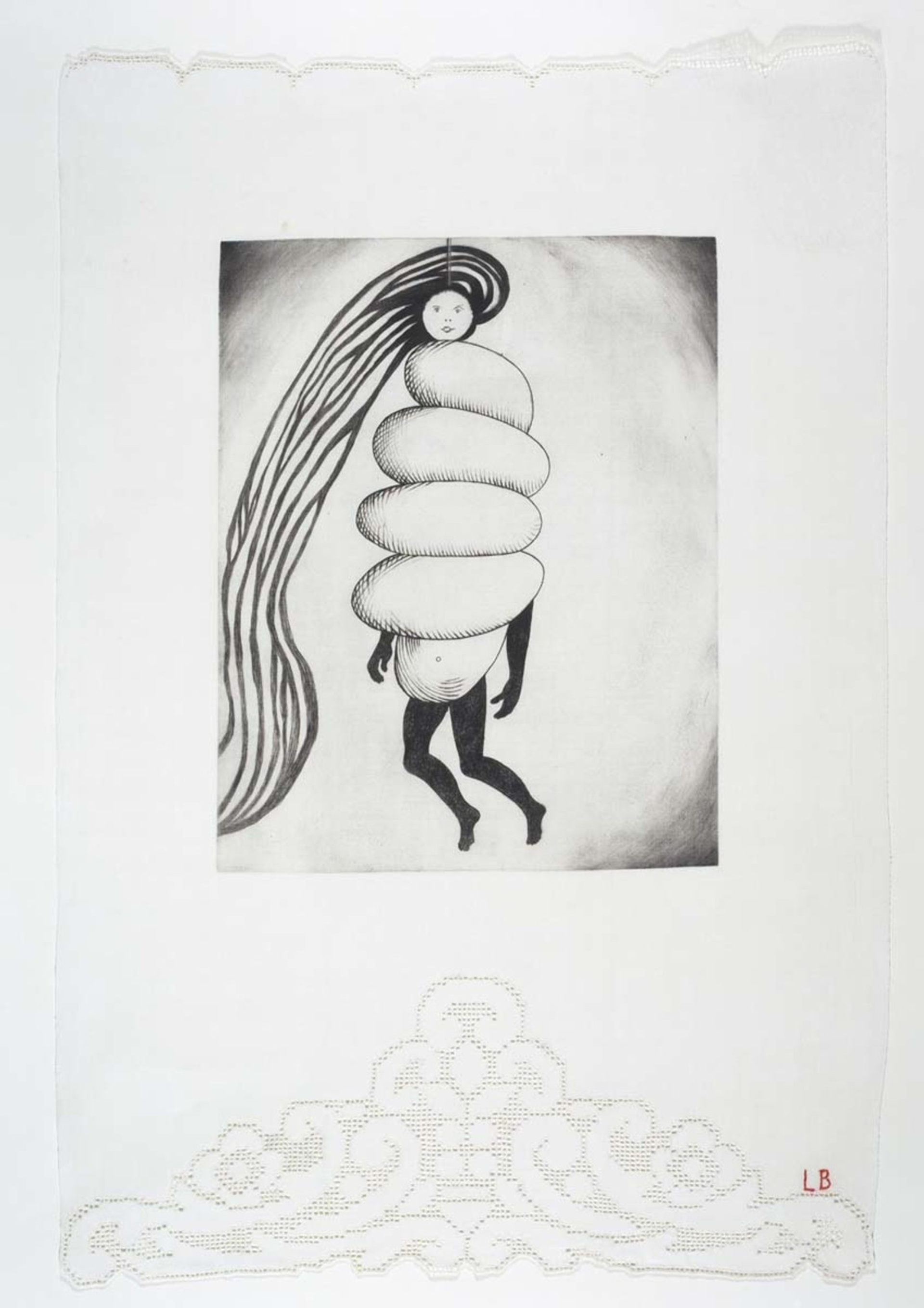 Print of Louise Bourgeois’ Spiral Woman. A black and white sketch of a woman whose hair is as long as her height appears to be floating. An object or fabric is spiralling around her