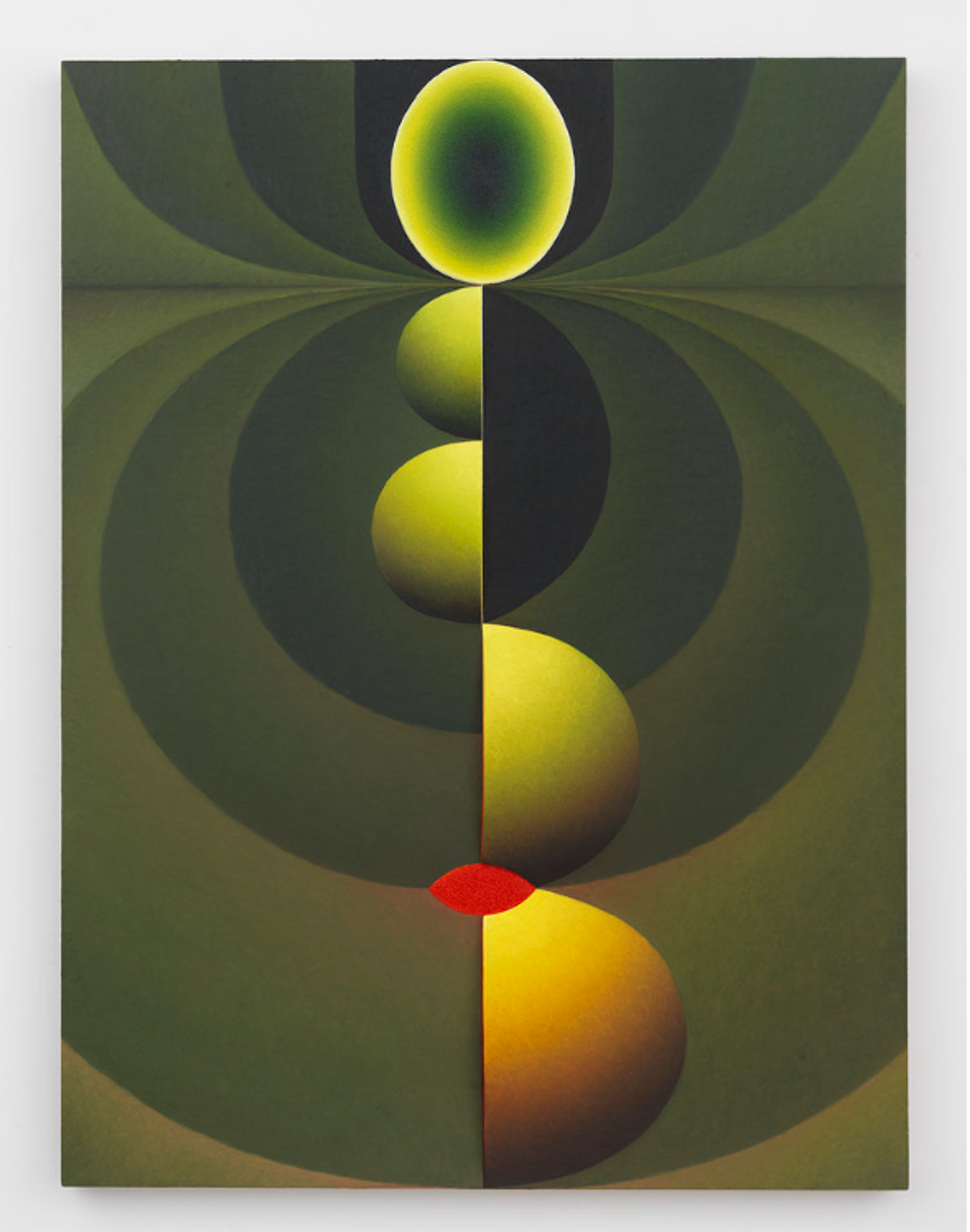  An abstract composition in gradating shades of green built around a central vertical line of symmetry. An ovoid shape sits at the top, and below it are four increasingly large semi-circles, each built out from the canvas as if cut in two. The top two semi-circles sit on the left side of the symmetry line, while the lower two sit on the right. The inside of each split circle is a rich pink-red.